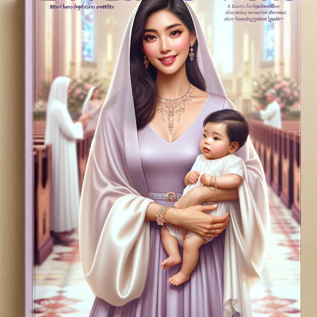 Effortless Guide: Must-Have Baptism Outfits for Godmothers Imagine an instantly appealing guide cover for an article titled 'Effortless Guide: Must-Have Baptism Outfits for Godmothers'. It showcases stylish attire appropriate for a baptism, including a tasteful dress, a light shawl, and classic jewelry. In the foreground, a radiant South Asian woman is dressed up as a godmother, holding a swaddled infant. She wears a tasteful lavender dress, a light pearly white shawl, and possesses a warm loving smile. In the background, a softly blurred church interior gives the scene a solemn atmosphere. The text of the title is elegantly presented at the top, with rich yet soft colors enhancing the appeal.
