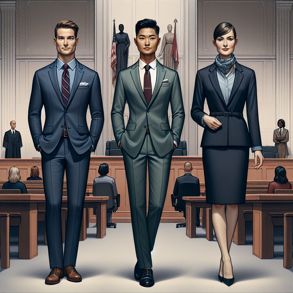 What to Wear to Court: Effortless, Must-Have Guide Visualize an informative, fashion-centric scene set within a courtroom environment. In the foreground, focus on three individuals representing different ethnicities - Caucasian, Hispanic, and Middle Eastern - all dressed impeccably to depict the theme 'What to Wear to Court'. The first person, a Caucasian man, is sporting a well-tailored navy blue suit with a coordinating light blue shirt and maroon tie. The second person, a Hispanic woman, is styled in a modest, professional dark green dress suit. The third person, a Middle Eastern man, is elegantly dressed in a crisp black suit with a white shirt. These individuals are framed by a backdrop that involves elements of a courtroom, such as the judge's bench, witness stand, and gallery of seats.