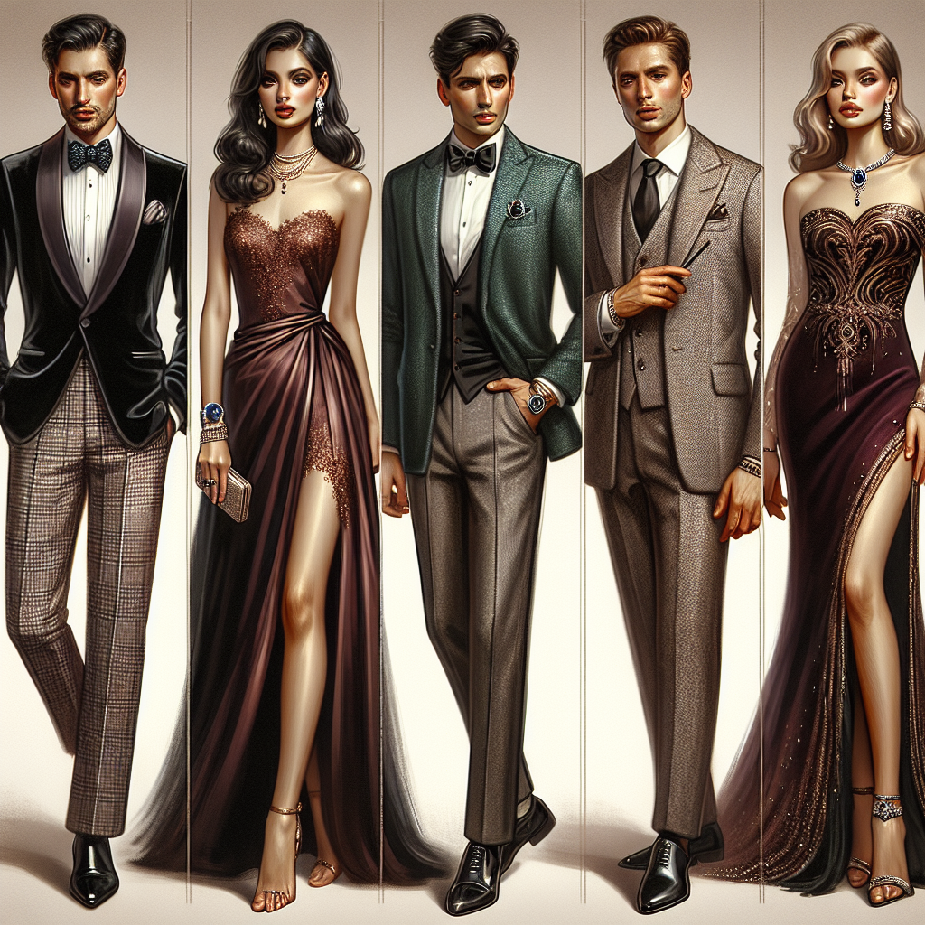 Imagine an array of stunning outfits designed for a lavish evening at a classy steakhouse. The first outfit is a luxurious black velvet suit worn by a Middle-Eastern gentleman, paired with a white shirt and a dazzling Sapphire cufflink. Another ensemble portrays a South Asian woman in a chic, maroon cocktail dress with bronze highlights, accentuated by a string of pearls. There's also a Caucasian man in a grey tweed suit, sporting a classy mauve cravat. Lastly, envisage a Hispanic woman donning a sophisticated teal gown with a high slit, adorned with gold accessories. All these individuals emanate elegance and flair.