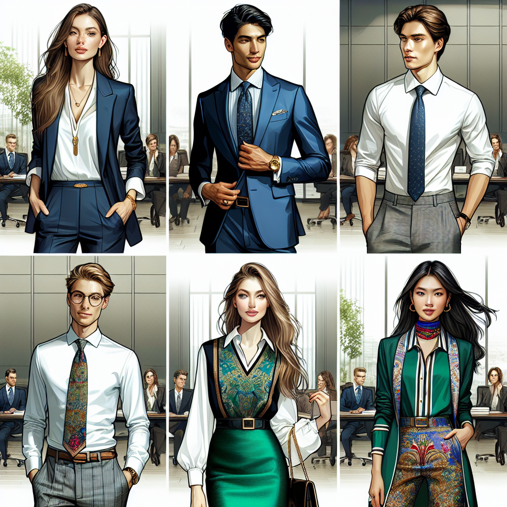 Picture a variety of stylish professional outfits designed for work conferences. Imagine a Caucasian woman exuding confidence in a sleek, navy blue power suit, adorned with subtle gold accessories. Next, envision a Black male looking dapper in a crisp white dress shirt, gray trousers, and a patterned tie. Consider also a South Asian woman dazzling in a vibrant, emerald green pencil skirt paired with a crisp, white blouse, topped with a colorful silk scarf. Picture these outfits arranged against a backdrop of a modern conference room representing the effortless style at work conferences.
