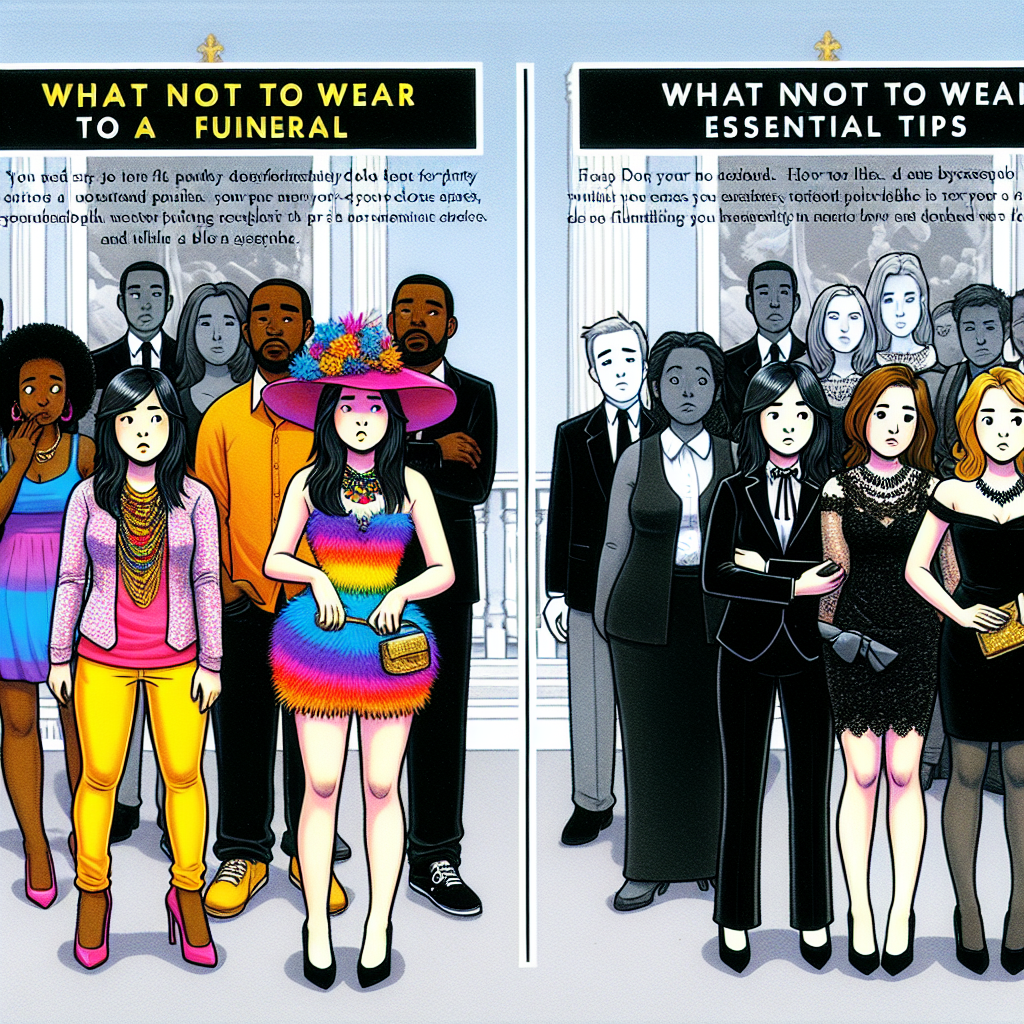 What Not to Wear to a Funeral: Essential Tips A detailed guide cover illustrating contrasting scenes. On the left half, an Asian woman dressed inappropriately for a funeral. She wears vivid colors and party attire, with a flashy hat and flamboyant accessories. Notice of disapproval on the bystanders' faces, a Hispanic man in casual attire and a Middle-Eastern woman huddled in formal black. On the right half, the same woman now appropriately dressed in subdued colors, a black outfit, without any ostentatious accessory. The faces of the bystanders, now a Black man and a White woman dressed in formal black attire, show approval and solemnity. The title, 'What Not to Wear to a Funeral: Essential Tips' at the center partition of the scenes.