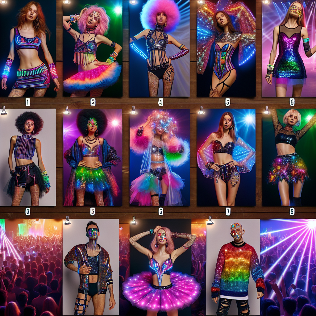 Must-Have Rave Outfits: Unleash Your Best Look Visualize a style guide for essential rave outfits highlighting various unique looks. Include an assortment of vibrant and colourful party clothing - neon tutus, sequin tops, LED gloves and shimmering face gems on models of diverse descents and genders. Paint a festive scene under strobes of pulsating light and an energetic crowd, reflecting the lively and free-spirited ambiance of a rave party. Each model displaying their best look, embodying the vibrant energy, eccentricity, and exuberance of rave culture.