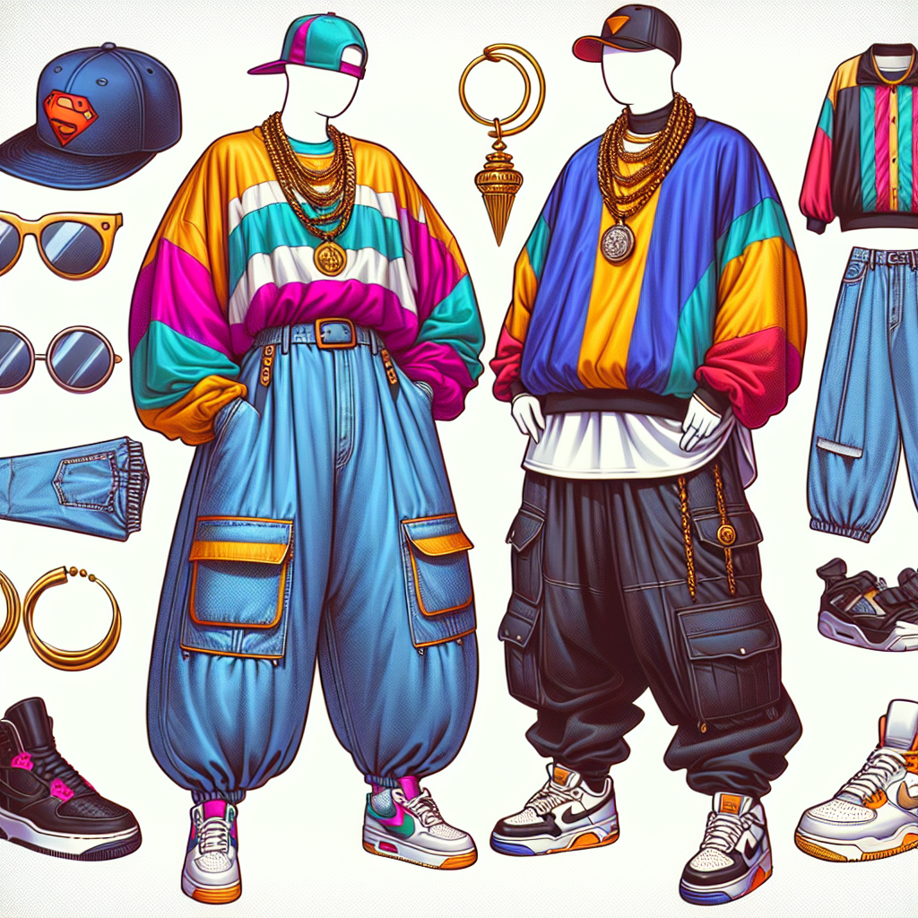 Must-Have 90s Hip Hop Outfits for Your Next Party Create a colorful image that throws back to hip hop style of the 90s. It should have an array of must-have outfits for any 90s themed party. The first outfit is a South Asian female figure wearing baggy denim jeans, a colorful windbreaker and a backwards baseball cap. The second outfit should feature a Middle-Eastern male wearing dark colored baggy trousers, a graphic tee, and a gold chain. Lastly, display a pair of classic chunky white sneakers, a snapback, oversized sunglasses, and large hoop earrings as additional accessories.