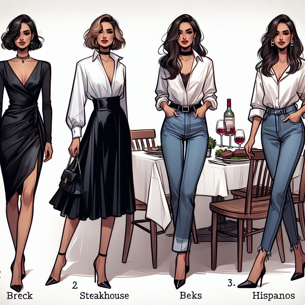 Must-Have Outfits for Women at Steakhouses: Chic & Effortless An ensemble of must-have outfits for women dining at steakhouses. First, a sophisticated, black, mid-length dress with a deep neckline and a choker, worn by a Middle-Eastern woman. Second, a chic, white, button-down shirt paired with blue, high-waisted, skinny jeans and black ankle boots modeled by a Caucasian woman. Third, a stylish, red, silk blouse paired with a high-waisted black leather skirt and stilettos showcased on a Hispanic woman. Fourth, a laid-back, denim jumpsuit over a white tee, modeled by a South Asian woman. The scene captures an aura of elegance, sophistication, and effortless style.