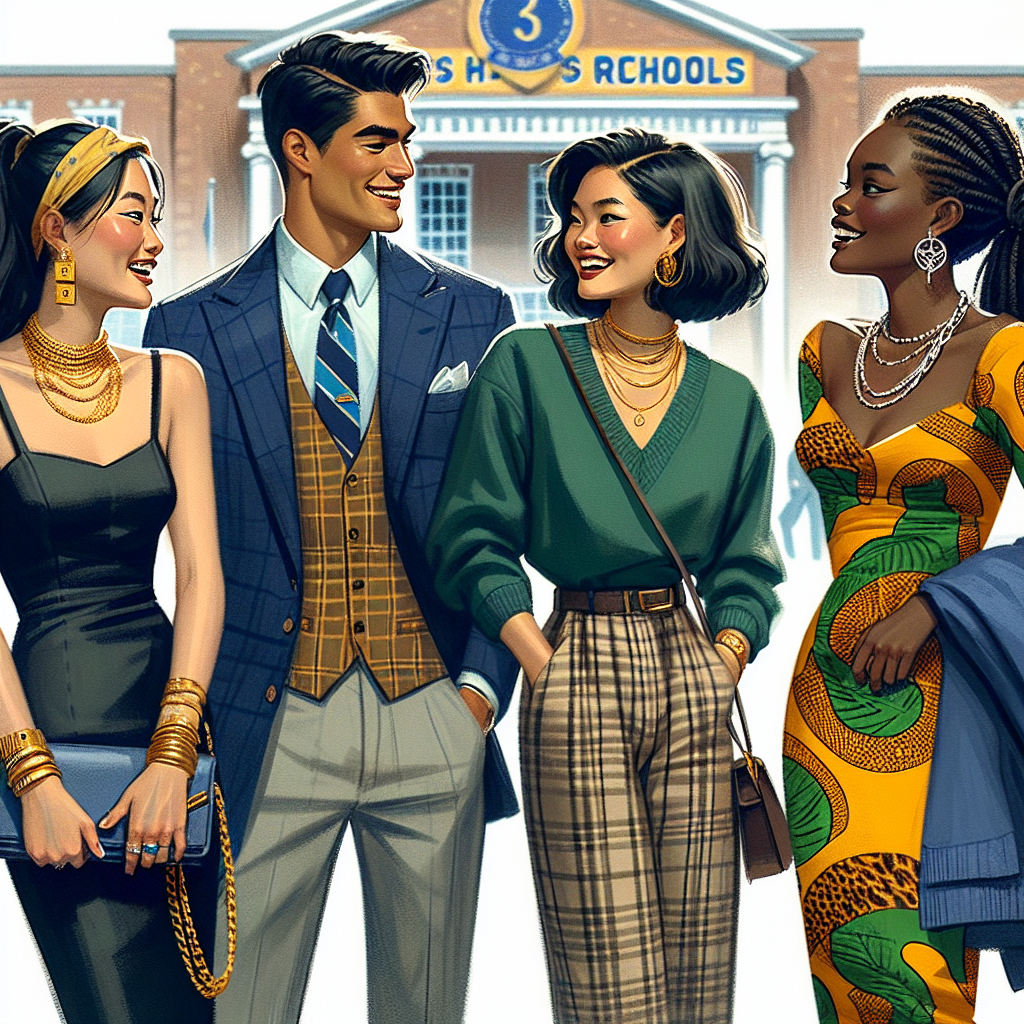 Discover Stunning Outfits for Your Class Reunion Imagine a scene showing four individuals donning trendy reunion outfits at a high school location. The first individual is an East Asian woman wearing a chic black dress with fine golden jewelry. The second is a Latin-American man in a classic navy-blue suit with a light blue shirt and a tie. The third, a Caucasian male, sports a smart-casual outfit, which is a mix of a plaid long sleeve shirt with khaki trousers. The last, an African woman, appears in a vibrant Ankara print dress paired with a statement necklace. All are laughing and conversing under the school's symbol.