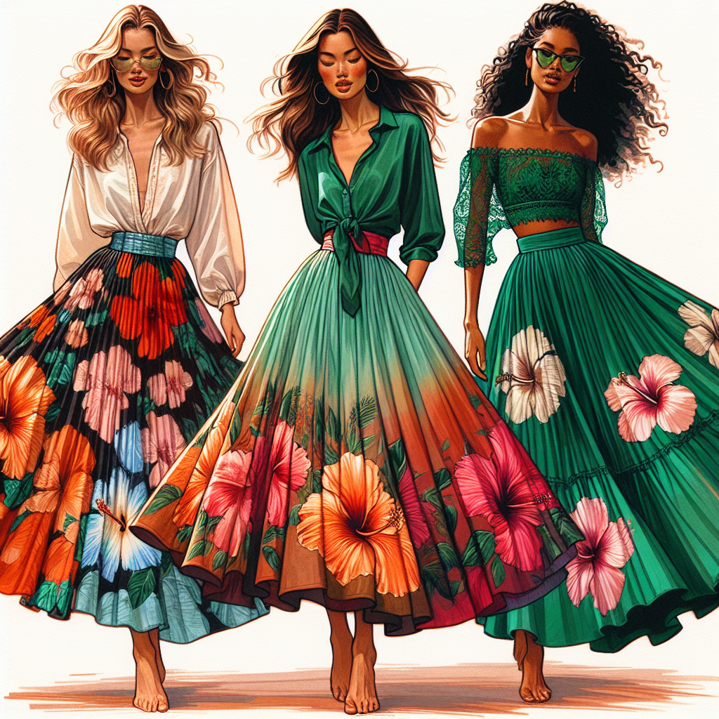 Picture a scene at a luau, with all its vibrant colors, tropical flowers, and carefree ambiance. Picture three women, each of distinct descent: Caucasian, Hispanic, and Black. They each have an outfit that epitomizes elegance with a dash of casual island charm. The woman of Caucasian descent is sporting a richly patterned silk skirt in a palette of sunset hues that accentuates her waist, paired with a simple white top. The Hispanic woman is wearing a high-waisted silk skirt, dyed in the hues of the tropical ocean, paired with a bright, flower motif blouse. Lastly, the Black woman is adorning an emerald green silk skirt, featuring a hand-painted hibiscus pattern, paired with a dainty lace top. The skirts sway dreamily as they move, demonstrating the effortless chic of silk skirt styles for a luau.