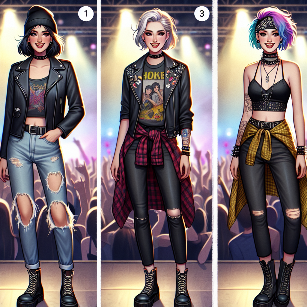 Create an image showing several fashionable outfits suitable for a pop-rock concert: 1) A female of South Asian descent sporting a classic leather jacket, ripped jeans and a band T-shirt; 2) A male of Hispanic descent in skinny black jeans, a grunge-style flannel shirt and vintage bandana; 3) A non-binary person of Middle-Eastern descent with a punk-inspired look, featuring multi-colored hair, a studded vest and black combat boots. Each person should be radiating enjoyment with the vibrancy of the concert atmosphere as the background.