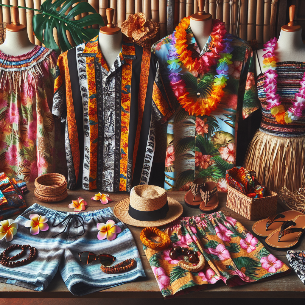 Stunning Luau Attire: Dress to Impress Effortlessly An attractive display of various items of Luau attire placed aesthetically. The image captures the vibrant spirit of a Hawaiian Luau. Include a traditional Hawaiian shirt with bold, bright patterns for a Caucasian man, a floral printed Muumuu dress for a Black woman, and garment like a traditional Hawaiian Pa'u skirt for a Hispanic woman. Add complimentary accessories such as a lei necklace made of colorful flowers, a Kukui nut bracelet, and a straw hat. The entire setting appears effortlessly stylish, ready to make a statement at a Luau party.