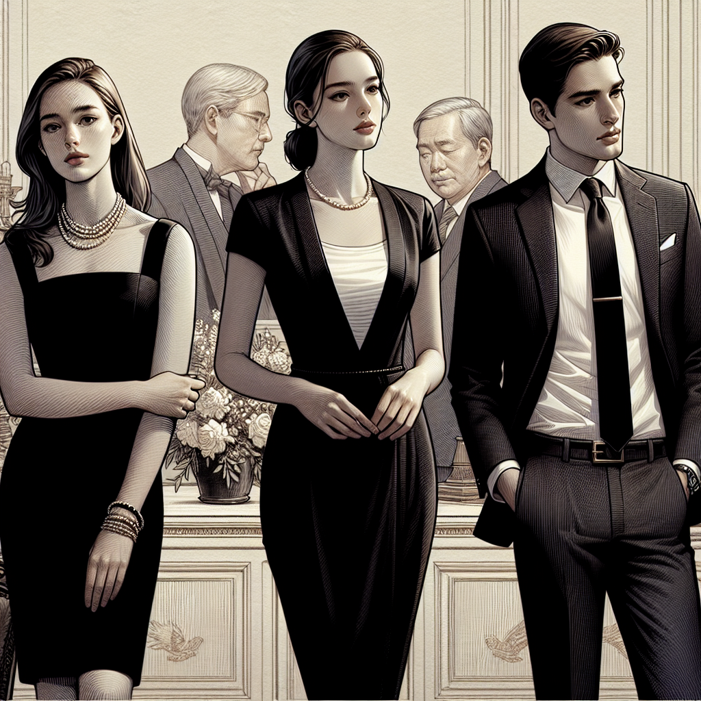 An elegant, detailed scene of a sophisticated gathering, with three individuals showcasing different memorial service outfits. The first person, a Caucasian woman, is wearing a classy black dress paired with a modest pearl necklace. The second person, a South Asian man, is portrayed in a refined black suit with a plain white shirt and a tasteful black tie. The last individual, a Hispanic woman, showcases a chic black pantsuit, paired with a neat white blouse. Around them, the ambiance hints at the respectful solemnity of a memorial service. Overall, the image stresses the concept of effortless style.