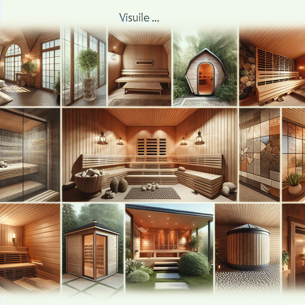 Visualize an array of different sauna styles that convey a sense of chic elegance and effortless luxury. One sauna style should be a traditional Finnish sauna with natural wood interiors and a pile of heated stones. Another could be a modern, minimalist sauna with sleek lines and a single heated bench. Yet another style could feature a uniquely designed infrared sauna with mirrored walls. Finally, imagine a charming barrel sauna, embedded in a lush garden, adding a rustic touch. Each sauna should reflect high quality craftsmanship, fashionable design, and ultimate comfort, suitable for a sophisticated lifestyle.