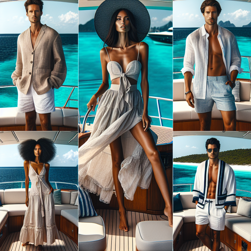 What to Wear: Stunning Styles for Your Charter Adventure Create an image showcasing a variety of fashionable outfits ideal for a charter adventure. The scene should be set on a luxury yacht with clear, turquoise water visible in the background. Include four people on the yacht, each modeling a different outfit: one Caucasian male in a light, breathable linen suit, one Black woman in a flowy summer dress with a wide-brimmed hat, one South Asian man in casual resort wear, and one Hispanic woman in a nautical-themed outfit. The ambiance should be one of luxury and relaxation.