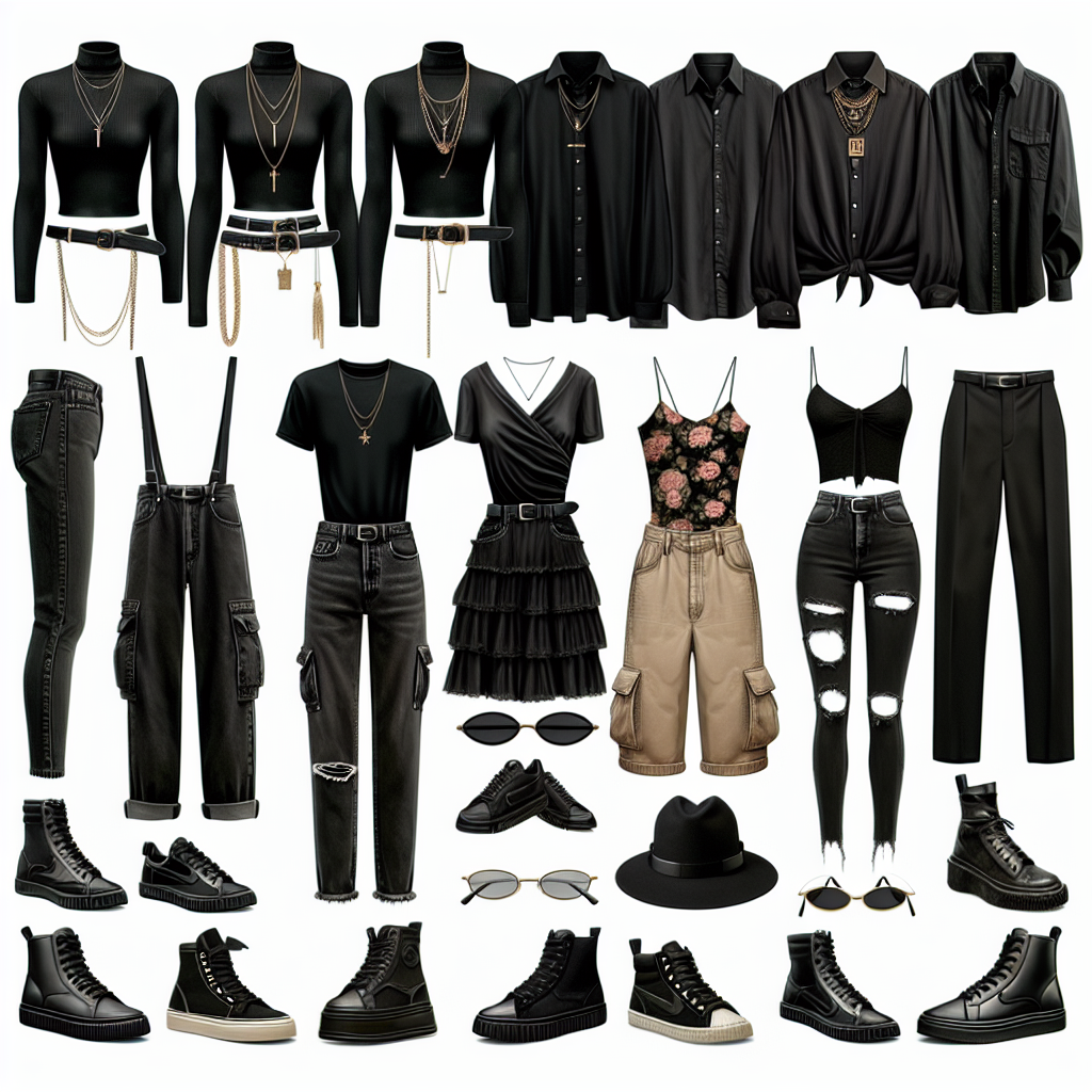 Must-Have Black Shirt Outfits for Benson Boone Concert Visualize seven must-have outfits comprising of black shirts for a concert by an unspecified pop artist. The outfits should cater to various fashion styles and weather conditions. Outfit one: sleek black turtleneck, dark jeans, leather boots, a broad-brimmed hat and layered gold chains for a cold night. Outfit two: relaxed fit black shirt, beige cargo shorts, and white sneakers, perfect for a warm evening. Outfit three: black graphic tee, distressed denim, and high-top sneakers for a casual look. Outfit four: black tank top, floral print shorts, and strappy gladiator sandals for a summer show. Outfit five: black satin blouse, leather mini skirt, stiletto boots for a semi-formal style. Outfit six: black band shirt, ripped jeans, and combat boots for a grunge look. Outfit seven: fitted black button-up, tailored trousers, and glossy oxford shoes for a polished, upscaled look. Each outfit should reflect individual fashion preferences, suitable for both men and women of various descents such as South Asian, Hispanic, Caucasian, Black, and Middle-Eastern.