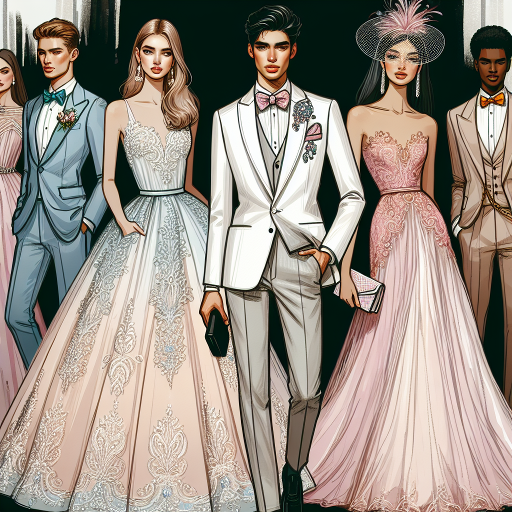 Must-Have Outfits for Quinceañera Guests: Effortless Chic A fashion event for Quinceañera guests showing off must-have outfits. A Hispanic man is donned in a classic white tailored suit paired with a fancy brooch, while a Caucasian woman standing next to him is modelling a pastel-coloured floor-length gown with elegant embroidery and a matching clutch. A Middle Eastern woman in the background displays a remarkably chic asymmetrical mini dress with a fancy fascinator, and a Black man is pictured in a charming traditional tuxedo with a vibrant bow tie. All figures are radiating effortless elegance and sophistication.