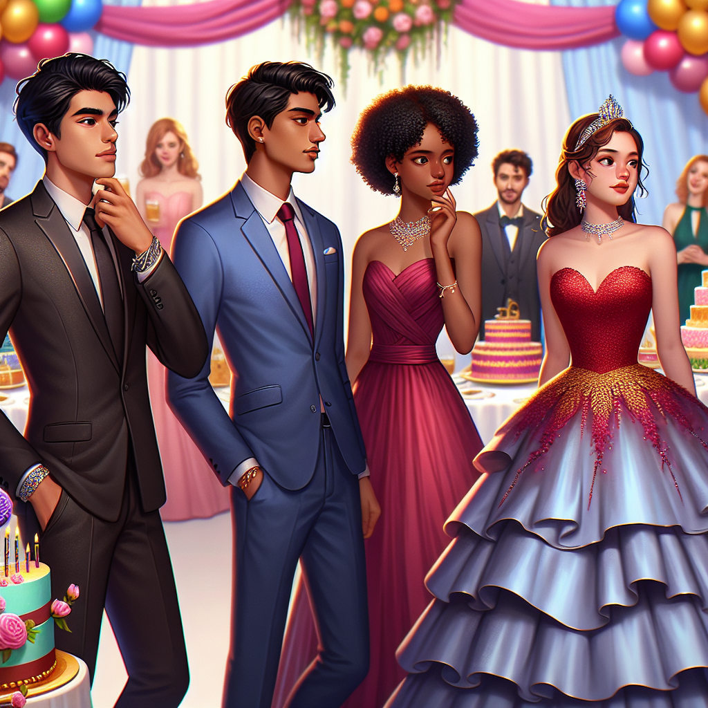 What to Wear to a Quinceañera: Must-Have Styles A scene of a lively quinceañera party. In the foreground, four guests of various descents and sexes admire their attire. An Asian male has opted for a formal black suit with silver cufflinks. A Black woman is adorned with a sophisticated pastel-colored chiffon dress. A Middle-Eastern man is in a blue tailored suit, with a contrasting burgundy tie. And, a Caucasian woman is in a stunning crimson gown with golden accessories. In the background, the décor is festive with vibrant balloons, intricate floral arrangements, and a large beautifully decorated cake.