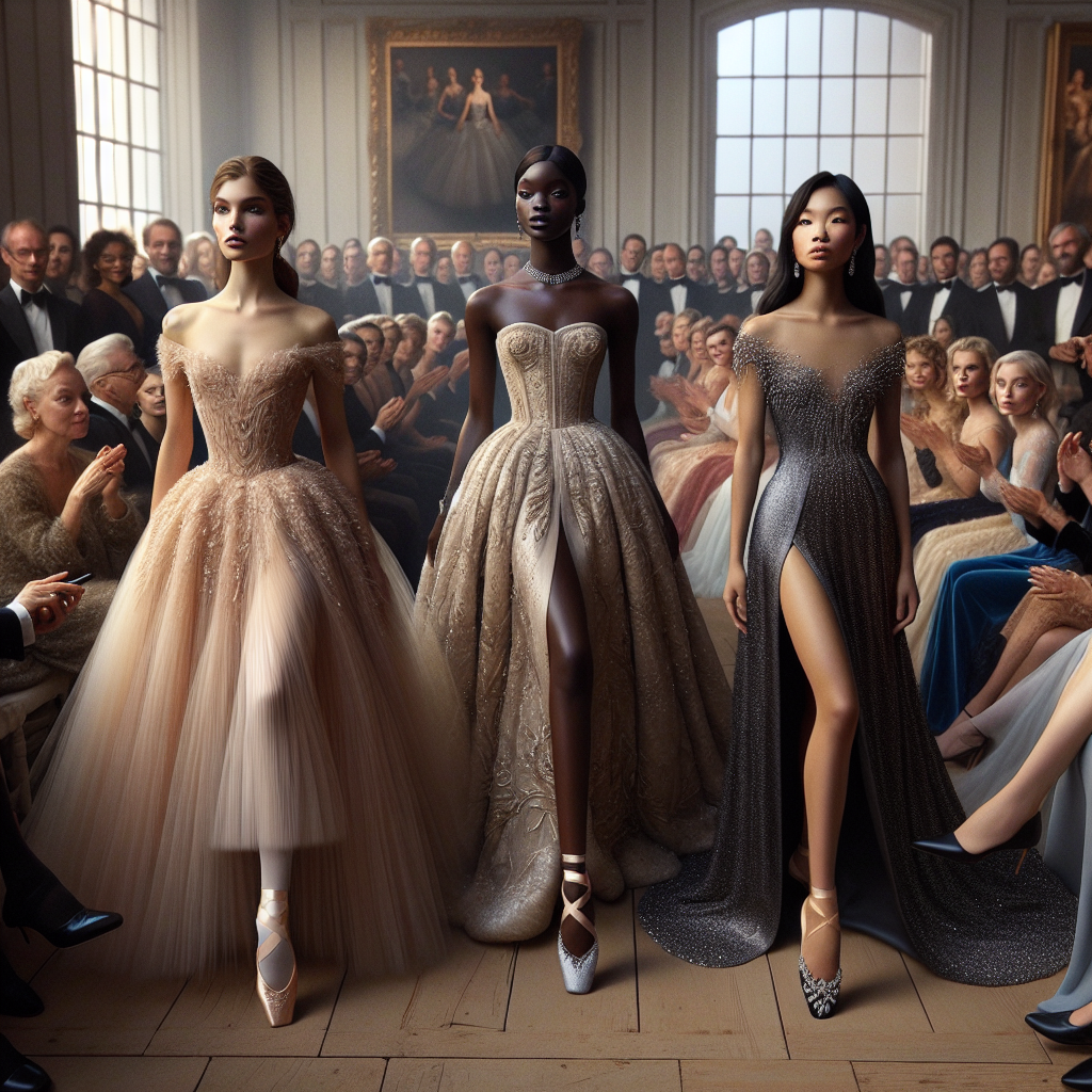 Stunning Shoe Pairings for Long Dresses at Ballet Shows Imagine a lavish ballet scenario where guests are exquisitely dressed. Center stage are three standout women differing in ethnicity: a Hispanic woman, an East Asian woman, and a Black woman. Each is wearing a breathtaking long dress, unique in design and color harmonizing with their shoes. The Hispanic woman is donning a tulle ballet-inspired dress with delicate lace shoes. The East Asian woman is wearing a regal satin gown paired with crystal-embroidered heels. The black woman is graced with a sleek velvet dress expertly matched with sophisticated strappy sandals. Around them, ballet aficionados and enthusiasts watch in admirative awe.