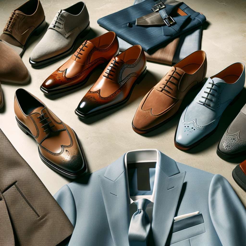 Must-Have Shoes for Light Blue Suits: Effortless Style Visualize a sophisticated fashion article set-up with the focus on men's formal footwear essentials. In the foreground, depict a range of elegant shoes in diverse styles and colors, meant to compliment light blue suits. Nearby, feature a neatly tailored light blue suit that embodies effortless style. The pairs of shoes can range from luxurious oxfords to stylish loafers, highlighting suede, leather and other materials. Include a subtle color palette of subtle blues, rich browns, and classic blacks. The scene should evoke an aura of understated luxury and modern sophistication.