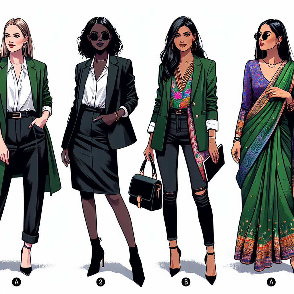 Must-Have Styles: What to Wear with a Dark Green Blazer, Ladies Create a detailed image showing four women of different descents - Caucasian, Black, Hispanic and South Asian - each wearing a dark green blazer in a unique style. The first woman, Caucasian, is wearing her blazer with a fashionable white blouse and black pencil skirt. The second woman, Black, pairs her blazer with high-waisted jeans and a colorful top. The Hispanic woman accessorizes her blazer with a chic scarf and a trendy handbag. Finally, the South Asian woman wears her blazer over a vibrant sari. Each representing must-have styles and showcasing a variety of ways to wear a dark green blazer.