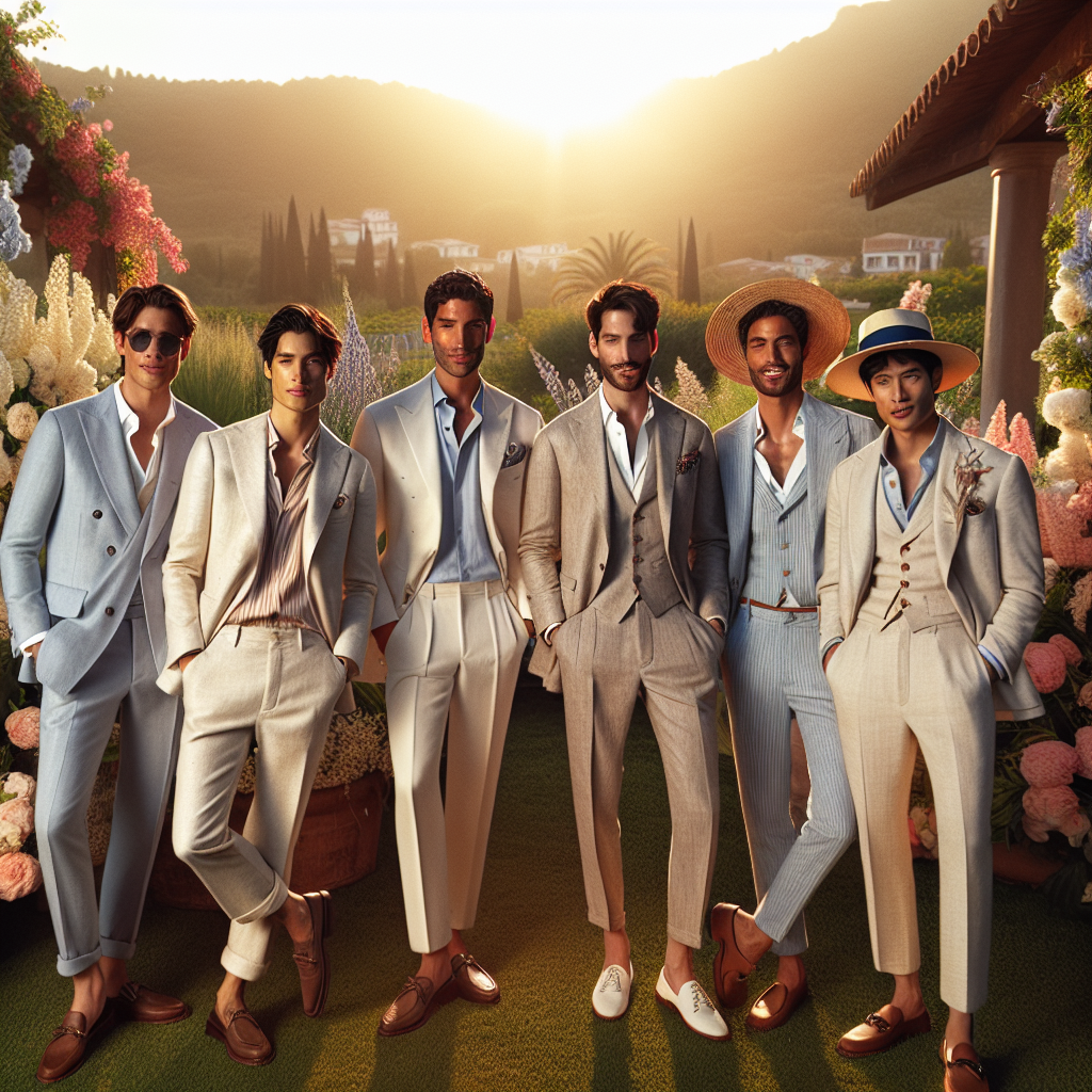 Stunning Summer Wedding Looks for Men: Effortless Chic Visualize an outdoor summer wedding scenario where multiple men are showcasing stunning and chic outfits. The setting is bathed in the soft, warm radiance of the afternoon sun, surrounded by blooming flowers and green plants. The men are of various descents, such as Hispanic, Caucasian, East Asian, Middle Eastern, and South Asian. Rather than conventional wedding suits, they are wearing modern, fashionable outfits that blend tradition with innovation, highlighting effortless chic. Think lightweight linen suits, pastel tones, mix and match patterns, accessorized with Panama hats and leather loafers. The men are all smiling, embodying the joyful spirit of summer weddings.