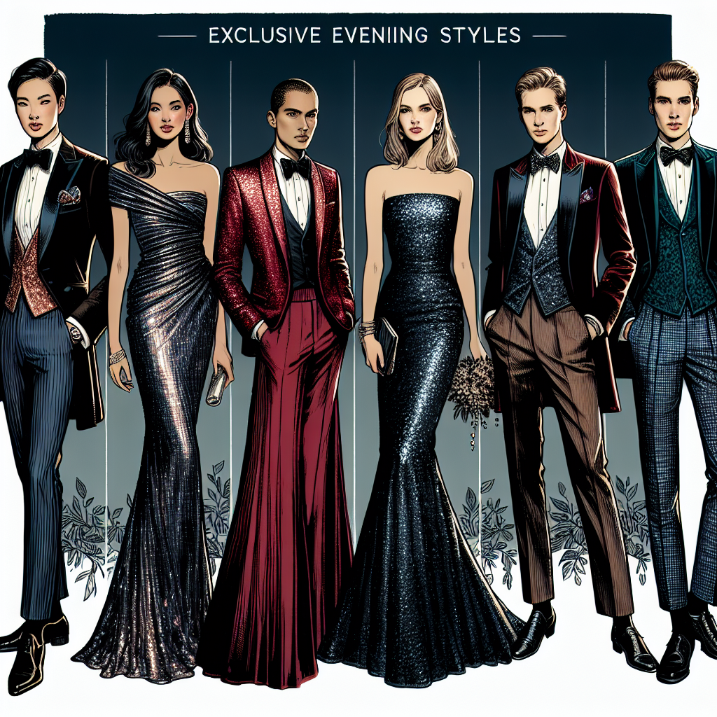 Gala Style Guide: Must-Have Looks for Memorable Evenings Visualize an exclusive evening event, showcasing six compelling and elegant styles ideal for memorable galas. Illustrate individuals of various descents and genders, donned in fashion-forward attire. For the first style, render an Asian man in a contemporary black tuxedo with a stylish pocket square. The second style should be a South Asian woman in a stunning red gown with a long train. For the third, imagine a Middle-Eastern non-binary individual in a bold, metallic jumpsuit. Next, portray a Black woman in a sequined, navy blue cocktail dress. Fifth, show a white man in a velvet burgundy smoking jacket. Lastly, depict an Hispanic woman in a sleek, floor-length emerald dress.