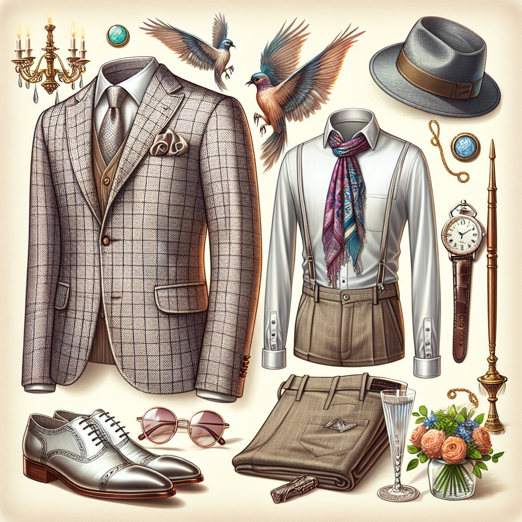 Find the Perfect Outfit for a 70th Birthday Bash! Imagine a stylish, well-fitted outfit suitable for a 70th birthday party celebration. The ensemble should be elegant and comfortable, radiating joy and warmth, ready for an evening full of dancing and laughter. It should include a stylish fedora, a soft cotton shirt in a pastel shade, a pair of polished leather shoes, a checked linen blazer, and a pair of well-tailored trousers. Accessorize with a vibrant neck-scarf and a pocket watch. Ensure it has a vibe of fine vintage elegance but also a touch of modern fashion trends to strike a balance. Make sure to include a tastefully decorated, luxurious, and festive party background.