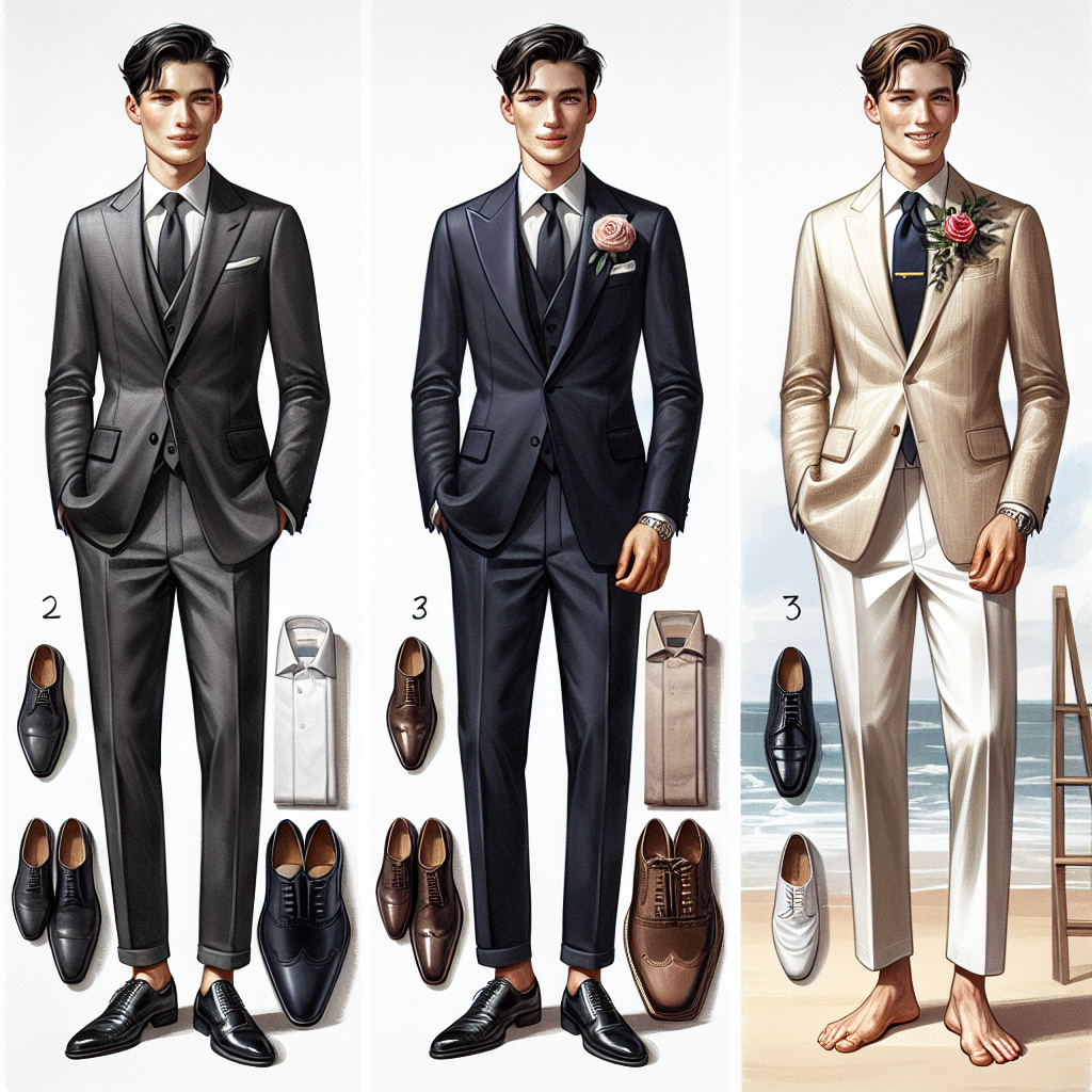 What to Wear to a Wedding for a Man: Effortless Guide Visualize a fashionable and elegant guide for what a man could wear to a wedding. The scene is divided into three sections. The left section presents a model of mid-Asian descent in a sharp charcoal-grey tailored suit, paired with a sophisticated tie and pocket square. The middle section introduces another model, this time of Hispanic origin, in a classy navy tuxedo with a satin tie and a rose boutonniere. The right section offers a Caucasian man in a light cream linen suit for a beach wedding. All three are accessorized with shiny Oxford shoes, stylish watches, and confident smiles.