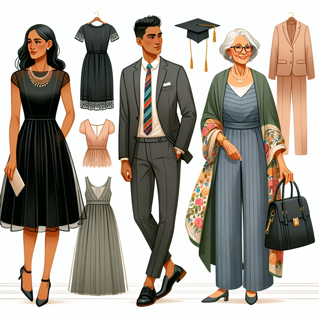 Must-Have Outfits for a Stylish Graduation Guest An assortment of elegant outfits suitable for graduation guests. These ensembles should balance style and sophistication, keeping in line with the celebratory yet formal nature of the occasion. A scene with three different fashion choices should be depicted. The first outfit could include a sleek, black, knee-length dress paired with a statement necklace on a middle-aged Black woman. The second could showcase a stylish gray suit with a colorful tie on a young South Asian man. The third could highlight a chic jumpsuit on a lively, elderly Hispanic woman. Each outfit should complement the wearer's individual personality.