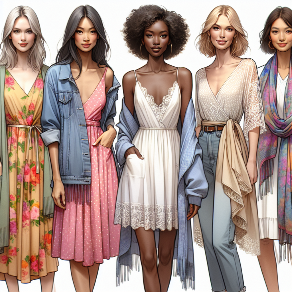 Stunning Summer Layers: Effortless Style for Any Dress Visualize a diverse group of fashionable women showcasing their summer style. Imagine different layers such as lightweight cardigans, scarves, and jean jackets draped over summer dresses of various colors and patterns. A Caucasian woman could be wearing a bright floral dress with a denim jacket. A Black woman might be wearing a light, lacy cardigan over a polka dot dress. A Hispanic woman may have an elegant silk scarf paired with her pastel dress. Let the image convey the carefree, effortless style perfect for any dress during the summer season.
