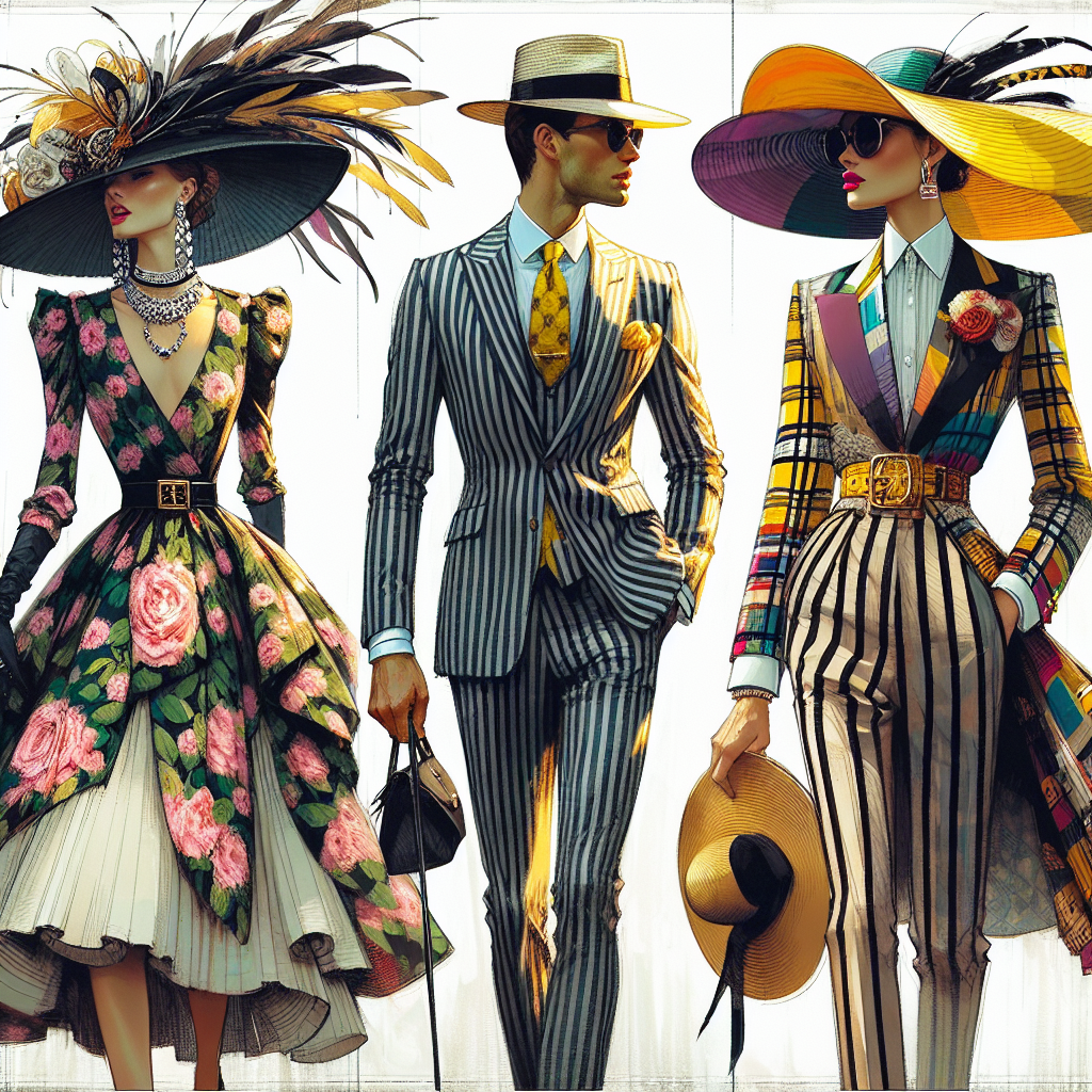 Stunning Outfits for Derby Day: Effortless Elegance Imagine a lively scene at a prestigious horse race, with a distinct focus on the stunning outfits people are wearing. A group of three individuals of varying descents; Caucasian, Hispanic, and Middle-Eastern, each uniquely dressed in their Derby Day finest, embodying effortless elegance. The first person is a woman wearing a flamboyant feathered hat, a tailored floral dress, and classy heeled shoes. The second individual, a man, is adorned in a sharp pinstripe suit, colorful tie, and a traditional Panama hat. The third person showcases an avant-garde look, with a vibrant wide-brimmed hat, bold prints, and sophisticated accessories.