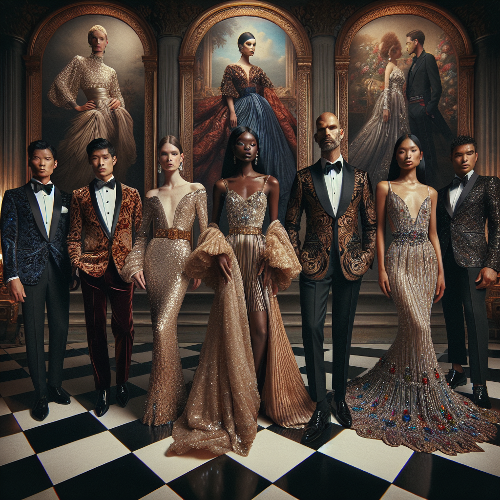 Stunning Gala Attire: Effortlessly Perfect Looks A visually captivating scene centered around a glamourous gala event. A lineup of several individuals showcasing their stunning attire. Starting from the left, an East Asian man in a richly-detailed brocade jacket, paired with velvet trousers. Beside him, a Hispanic woman wearing a sequined A-line gown with flutter sleeves. Next, a Caucasian man in a black tuxedo, sporting a timeless pocket square. Following him, a South Asian woman revealing a sari made up of extravagant beads and sequins. Lastly, a black woman elegantly dressed in a mermaid gown with jeweled detailing. The scene oozes style, elegance and diversity.