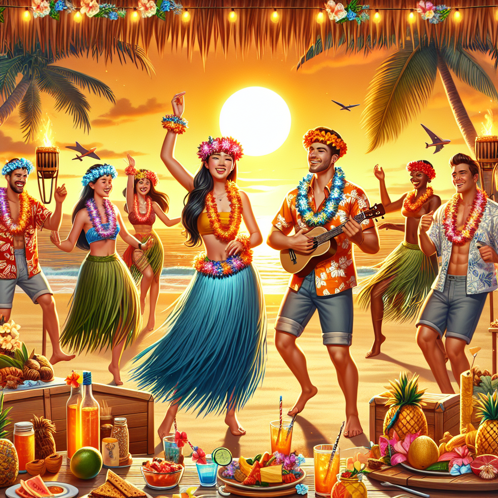 Must-Have Styles for a Hawaiian Luau Party Envisage a vibrant Hawaiian Luau party. The setting is an open-air beach environment, with a golden sunset glowing over the ocean. There are numerous party-goers enthusiastically participating in the revelry. They are adorned in traditional Hawaiian party gear, such as colorful floral leis, hula skirts, and aloha shirts. An Asian woman in a blue hula skirt is performing a hula dance, while a Hispanic man wearing a red floral shirt strums a ukulele. Also, there are tiki torches casting warm light, a spread of tropical fruits and drinks, and decorations like palm leaves and hibiscus flowers.