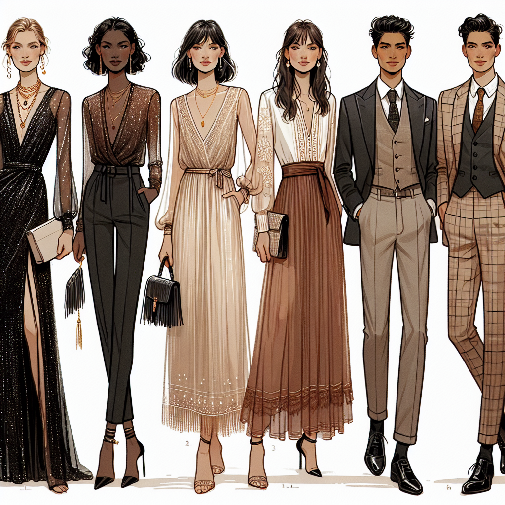 Must-Have Wedding Guest Outfits for Every Style Illustrate a curated fashion collection of must-have wedding guest outfits. Each outfit should demonstrate a different style. First, presenting an elegant, black-tie appropriate dress, sparkling in dark shades and adorned with tasteful jewellery. Then, an earth-toned, bohemian dress with airy fabric and playful fringe accents. Third, a classic, mid-length cocktail dress in vivid colour, paired with stylish heels and a tasteful handbag. Fourth, a chic minimalist outfit in neutral colours with clean lines and modern details, paired with a minimal accessory. Lastly, a fun, vintage suit for a male guest, featuring a tailored jacket and trousers in a plaid pattern, paired with a bold tie and pocket square. Showcase a range of diverse models representing Caucasian, Black, Middle-Eastern, South Asian, Hispanic, and East Asian descents.