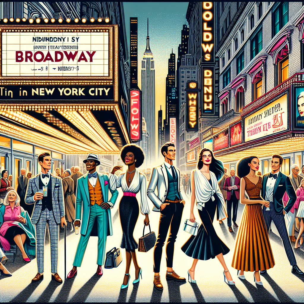 Must-See Styles for Your Broadway Show in NYC An engaging illustration capturing the essence of Broadway in New York City. Show a bustling scene on a New York street, lit up by bright theatre marquees announcing evening performances. Include swarms of diverse theater-goers: a Caucasian elderly couple, a young Black woman in a stylish cocktail dress, a South Asian man in a trendy outfit, and a Middle-Eastern family all anticipating the night's spectacle. Let the fashion styles range from classy and elegant to hip and trendy, reflecting the wide audience appeal of Broadway. Use vibrant but tastefully coordinated colors to convey the energy and excitement of the scene.