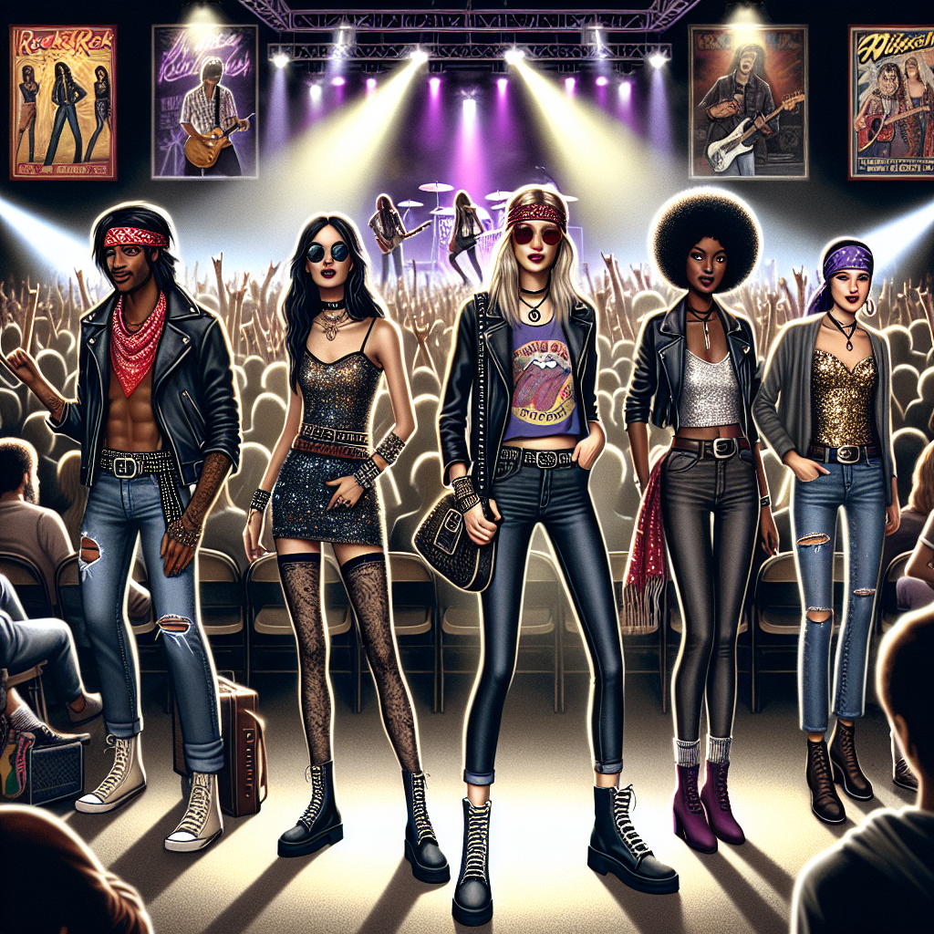 Must-Wear Styles for a Bret Michaels Concert Create a detailed image showcasing must-have rock concert attire suitable for a major rock concert. The scene should include a mixed crowd of individuals who are excited for the show. Each person should show diversity in style, gender and descent. For instance, a black man can be seen wearing a bandanna, leather jacket and distressed jeans, while a South Asian woman is wearing a vintage rocker tee, leggings, and combat boots. In the midst of the scene, an Hispanic individual stands out in a mix of glam rock style - sequined tank top, skinny jeans, and suede ankle boots. Around them, the buzzing energy of a concert venue - disco balls hanging from the ceiling, colored concert lights, and posters of fictional rock bands.