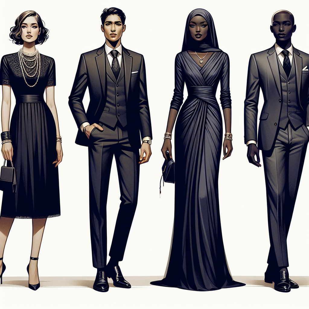 Fashion Guide: Best Outfits for a Solemn Occasion Visualize a fashion guide illustration displaying four distinct outfits appropriate for solemn occasions. The first person, a Middle-Eastern woman, is wearing a chic black dress with a pearl necklace. The second person, a Hispanic man, is in a sophisticated dark suit paired with a muted-tone tie. The third person, a Black woman, is styled in a graceful dark blue gown with silver accessories. The fourth person, a South Asian man, is in a polished charcoal grey traditional outfit. All poised against a clean white background, presenting a balance between elegance and somberness.