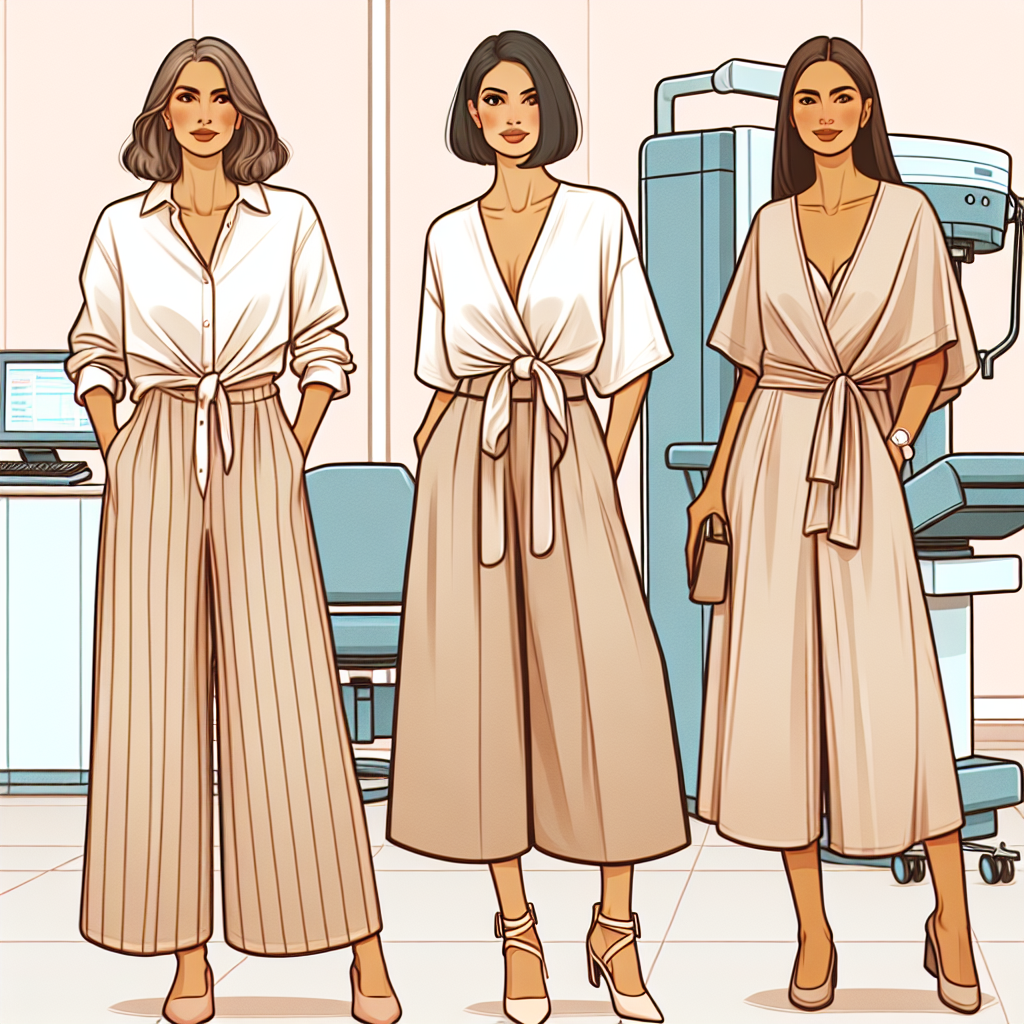 Stunning Outfits for Mammogram Appointments: Effortless Style Let's craft a compelling sartorial image. Imagine three women in front of a clinic, appearing calm and confident. The first woman is a Middle-eastern lady in her mid-50s, donning a fashionable button-down shirt paired with breezy culottes, completing her look with light beige sandals. The second woman is a South Asian lady in her early 40s, chicly dressed in a stylishly loose jumpsuit adorned with light accessories. The third woman, a Hispanic lady in her 30s, perfectly balances elegance with comfort in a modish wrap-around dress paired with flats. The scene radiates empowerment while highlighting functional yet stylish attire for mammogram appointments.