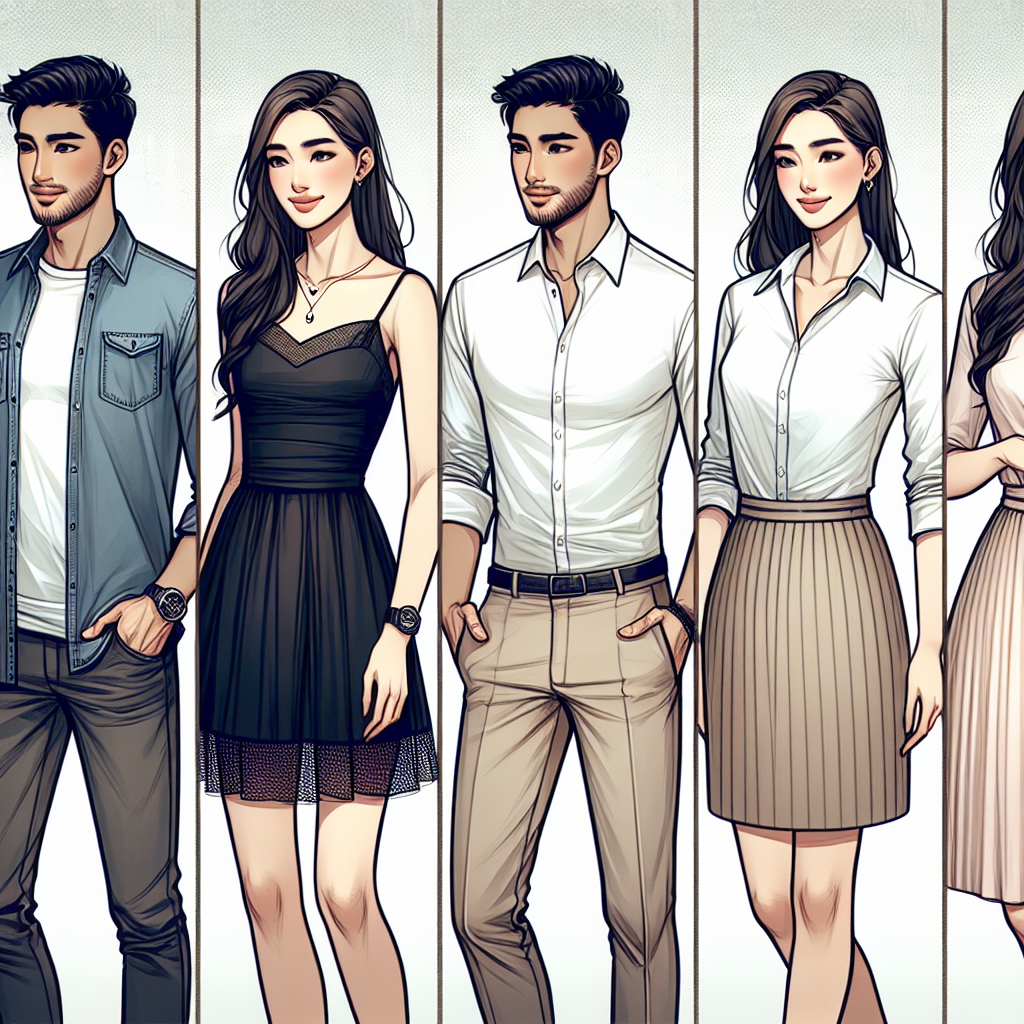 What to Wear on a First Date: Stunning, Effortless Picks Visualize a fashion guide for a first date. Depict a variety of clothing options - from casual to slightly formal. Feature a trendy denim jacket for a relaxed look on a male of South Asian descent. Then, illustrate a chic little black dress worn by a Hispanic woman for a more formal setting. Showcase a Middle-Eastern man wearing a smart-casual outfit, perhaps a crisp white shirt paired with khaki trousers. Lastly, display an East Asian woman dressed in a flattering blouse and skirt combo. Make the scene reflect the potential nerves and excitement of a first date.