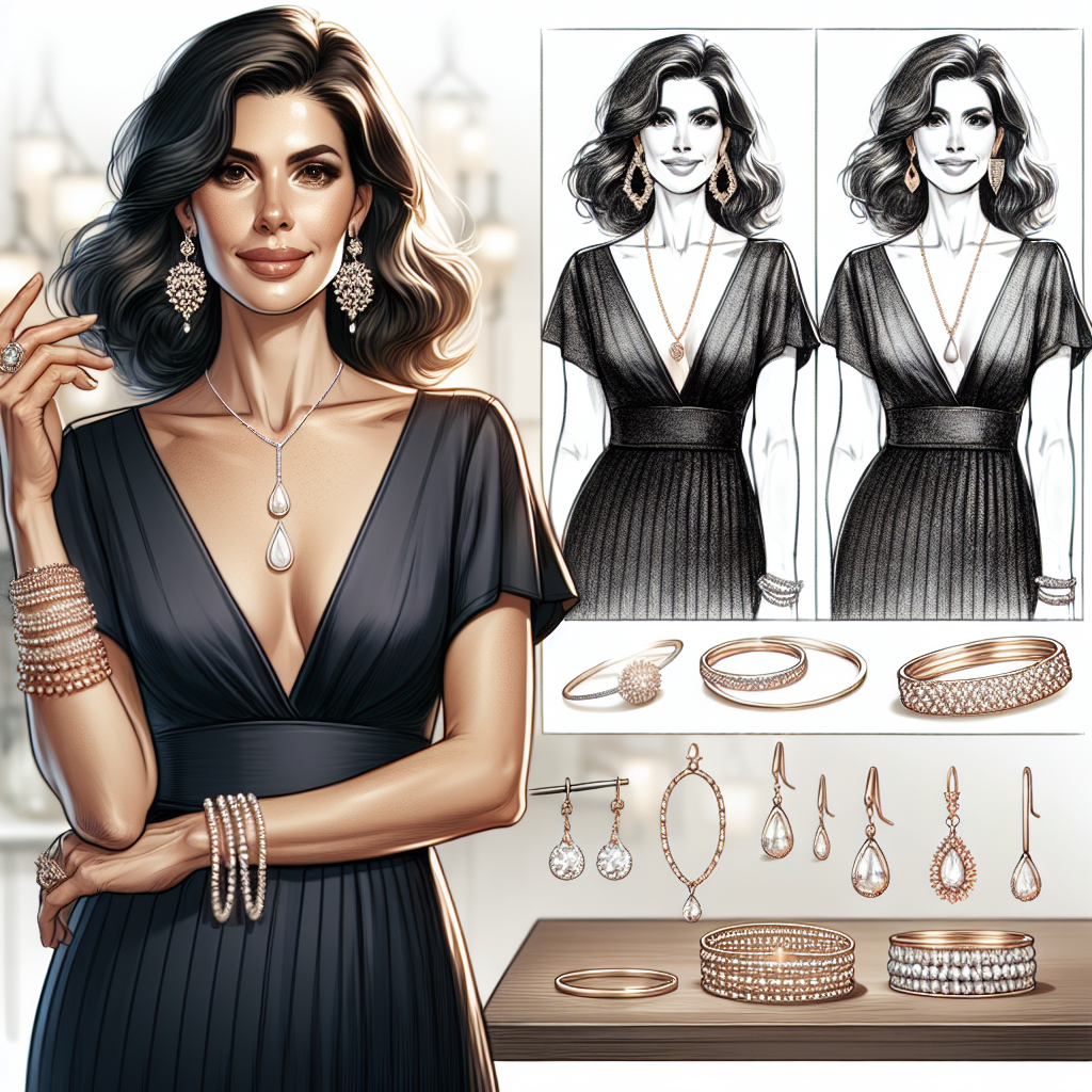 What Jewelry to Wear with a V-Neck Dress: Stunning Choices Create a detailed illustration of an elegant yet contemporary fashion scene. Portray a middle-aged Hispanic woman wearing a stylish v-neck dress. In addition to the dress, she should be adorned with a variety of stunning jewelry choices - think of a delicate pendant necklace that complements the v-neckline, chandelier earrings for a touch of glamour, and a statement cuff bracelet for added flair. The image should also show a few jewelry options on a table in the foreground, such as stacked rings, beaded bracelets, and long-drop earrings, to represent alternatives for combining with the dress.