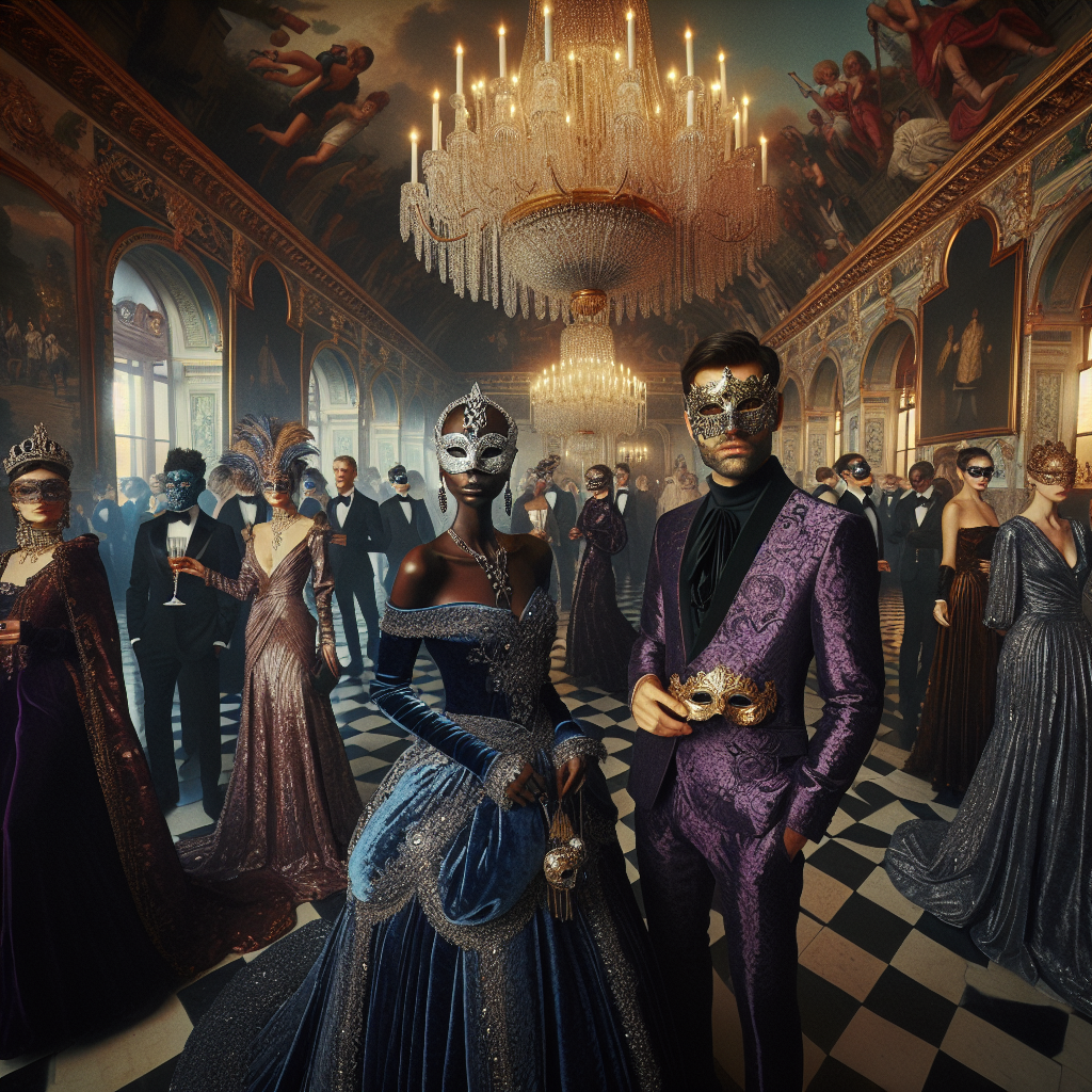 Stunning Styles for Masquerade Parties 2024: Must-See! An extravagant scene showing an indoor masquerade party for the imagined year of 2024. Guests, each with their own unique style, are spread around the ballroom. Two groups of partygoers stand out, a Black woman wearing a sapphire blue velvet dress paired with a silver, crystal-studded mask and a Middle-Eastern man clad in a regal purple silk suit coupled with a gold leaf mask. In the backdrop, a grand chandelier illuminates the room. Reflecting the luxurious ambiance of the room are the ornate decorations in the neoclassical style architecture with murals, gold trimmings, and marble pillars.