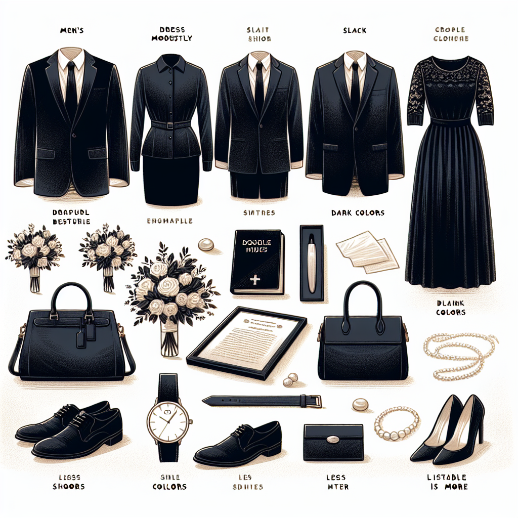 Best Funeral Attire Tips: Dress with Respect An image conveying style tips for funeral attire. Display a variety of suitably respectful clothing options arranged neatly. Include a men's black suit with a solid white shirt, a women's modest black dress, and suitable shoes for each. Illustrate small accessories like a black tie, a white pearl necklace, and a classic wristwatch. Include a subtle background with soft lighting to maintain the solemn feel of the occasion. Additionally, overlay some light calligraphy or script with suggestions like 'Dress modestly', 'Dark colors', and 'Less is more' to emphasize dressing with respect.