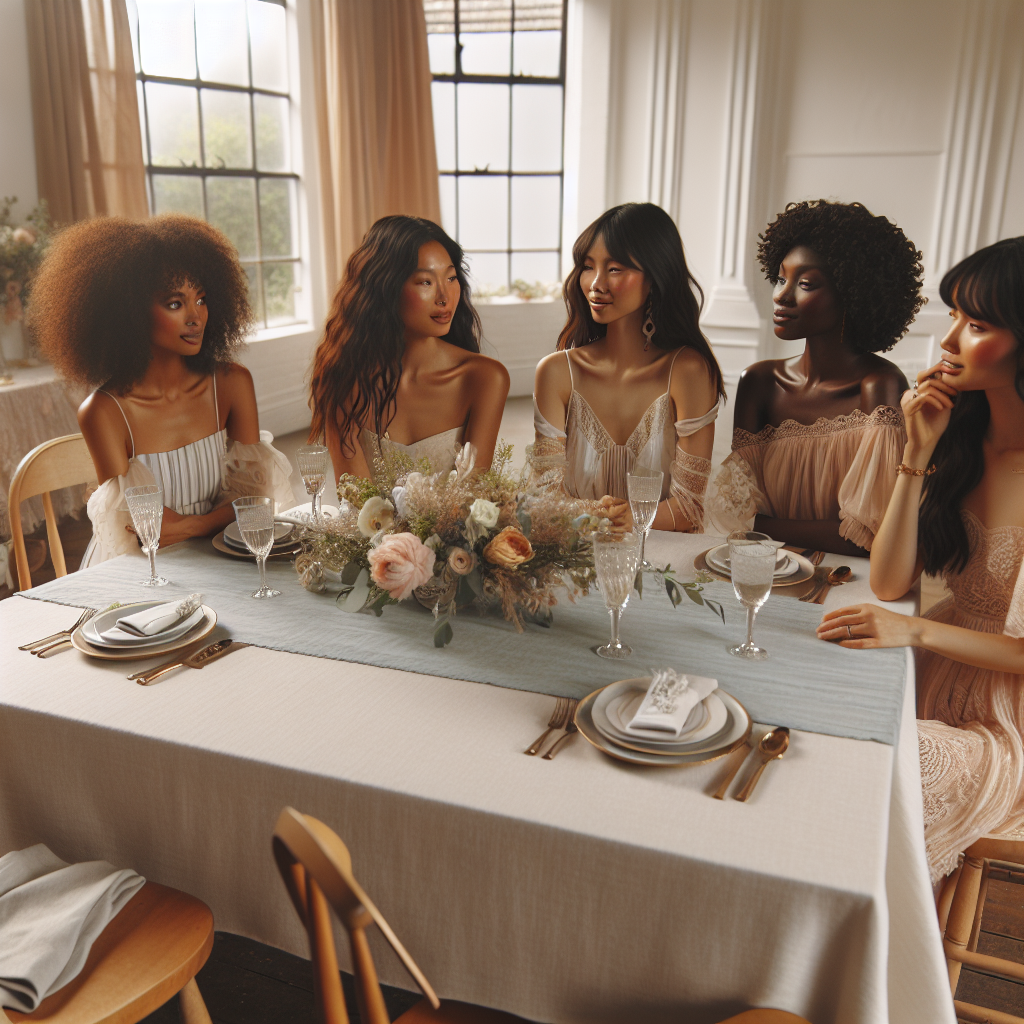 Must-Have Styles for a Bridesmaid Luncheon: Chic & Effortless Create an image showcasing an elegant bridesmaid's luncheon. The scene unfolds in a spacious room filled with natural light and tastefully adorned with minimalist decor. Highlights include a long table adorned with a pastel tablecloth, delicate china, and subtle floral arrangements. Five women representing different descents including Middle-Eastern, Asian, Black, Hispanic, and White, are seated around the table engaging in animated conversation. They are dressed in chic and effortlessly stylish outfits: think airy dresses, tasteful accessories, and subtle makeup. Their diverse hairstyles ranging from naturally curly to straight, add to the charm of the scene. An air of camaraderie and celebration pervades the luncheon.