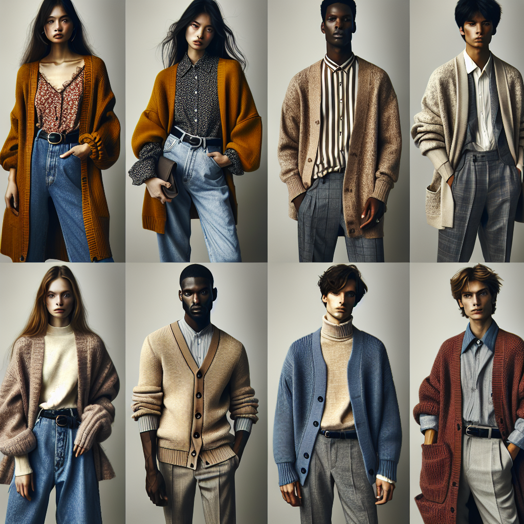 Must-Have Shirts to Style With Cardigans This Winter Imagine a fashion shoot displaying winter styling trends. The center focus is on a combination of cardigans and shirts. Show a variety of must-have shirts, each paired with a complementary cardigan. For instance, we see a South Asian woman wearing a long, mustard yellow cardigan over a floral shirt, and a Black man donning a grayscale cardigan with a striped shirt. Also, depict a Middle-Eastern man pairing a powder blue cardigan along with a crisp white shirt, and a Hispanic woman styling a burgundy oversized cardigan over a soft, comfortable turtleneck. Ensure a wintery vibe, with cooler tones and hints of snowfall.