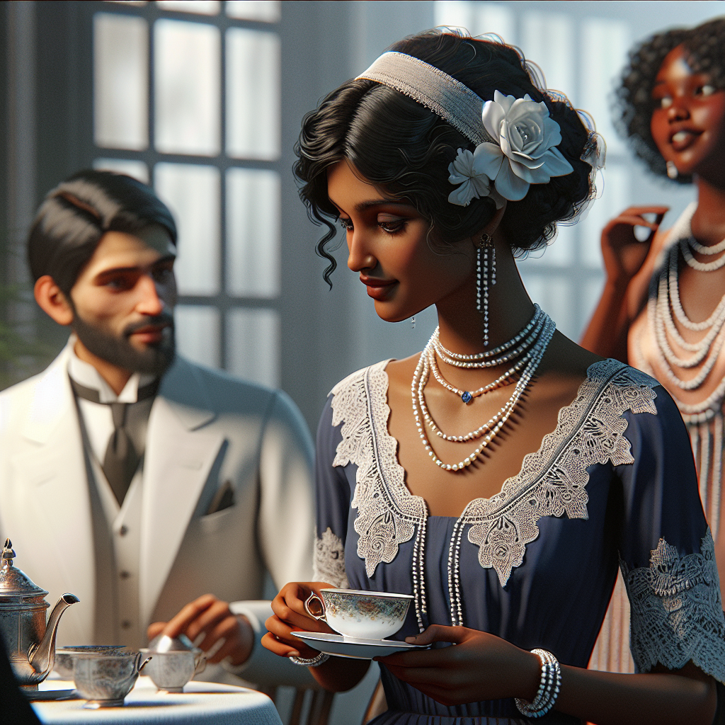 Stunning Tea Party Outfits: Effortless Elegance Awaits Visualize a scene of a sophisticated tea party. In the foreground, a South Asian woman in her 30s wearing a Victorian-era midnight blue dress with delicate lace details and a pearl necklace. She is fondly looking at her teacup. In the background, a Middle-Eastern man in his late 40s is seen wearing a pristine white linen suit from the 1920s era, holding onto a silver teapot while engaging in conversation with a Black woman in her early 20s, dressed in a pastel pink 1920s flapper dress with intricate beadwork. All figures portray an atmosphere of effortless elegance.