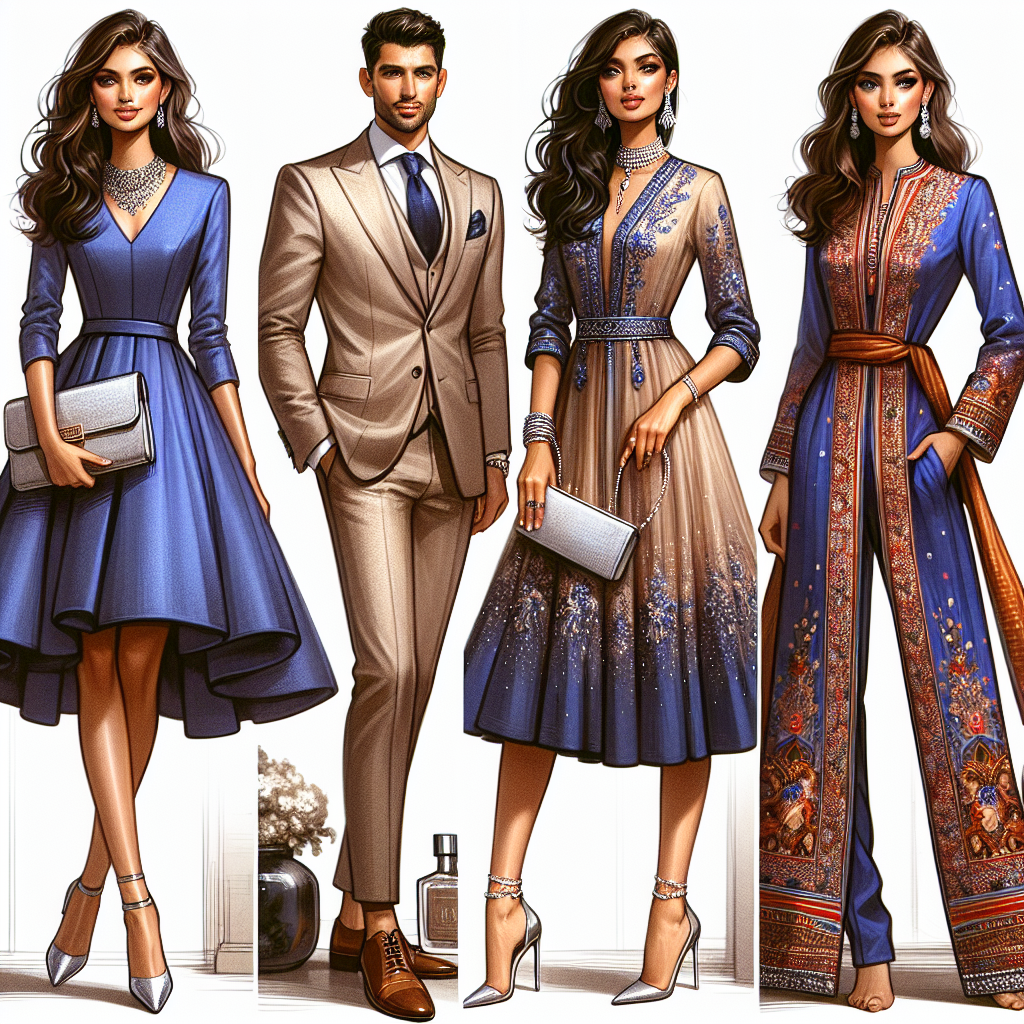 Stunning Graduation Guest Outfits: Effortlessly Stylish A stunning display of outfits fit for a graduation ceremony. A Hispanic woman elegantly wears a royal blue A-line dress with silver stilettos. She carries a small silver clutch purse and has tasteful silver jewellery to match. A Middle Eastern man, looking sharp in a well-tailored beige suit, a crisp white shirt, and deep-brown leather shoes. A South Asian woman models a vibrant, ethnic wear influenced dress that radiates her heritage combined with contemporary style. These outfits express effortless style, perfect for a special occasion.