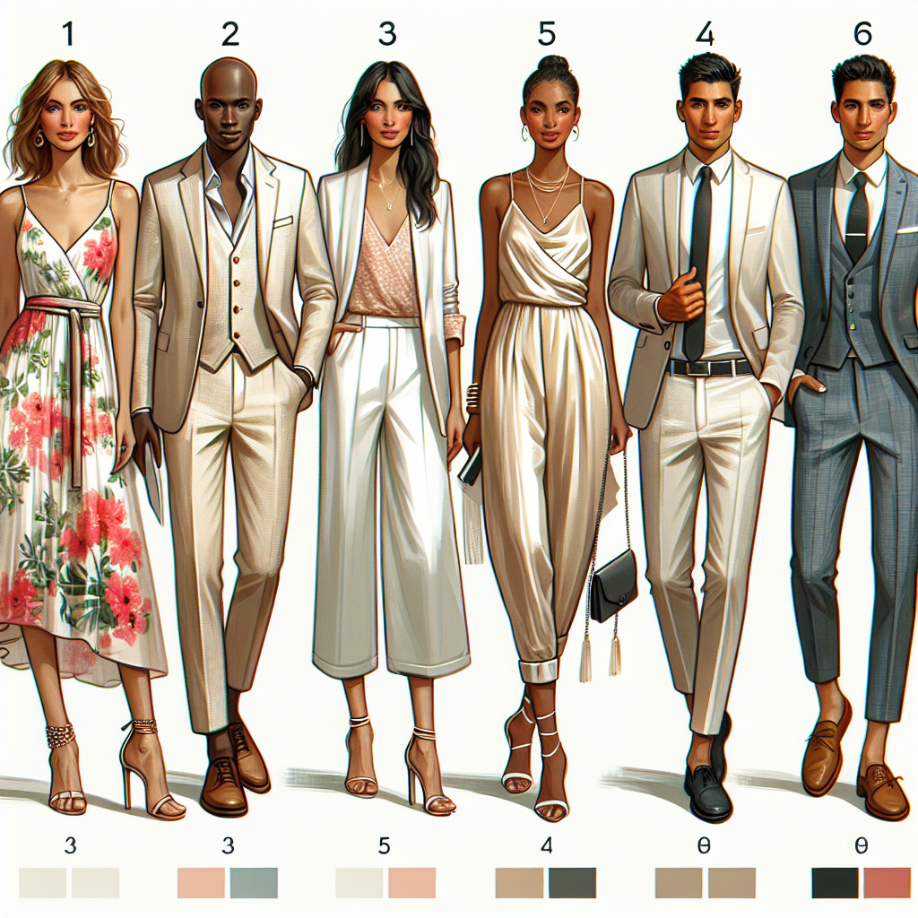 Wedding Rehearsal Outfits Guide: Must-Have Styles Create an image that depicts a comprehensive guide for wedding rehearsal outfits. The image should illustrate five distinct styles. The first style should feature a Caucasian woman in a chic floral summer dress with strappy heels. The second style should show a Black man dressed in a crisp, light-colored linen suit. The third style should present a Middle-Eastern woman adorning an elegant satin jumpsuit and a matching clutch. The fourth style should depict a South Asian man in a smart business-casual look with chinos and a blazer. The fifth and final style should be a Hispanic woman in a sophisticated cocktail dress paired with stylish pumps. Show all these outfits in a tasteful and trendy collage layout.
