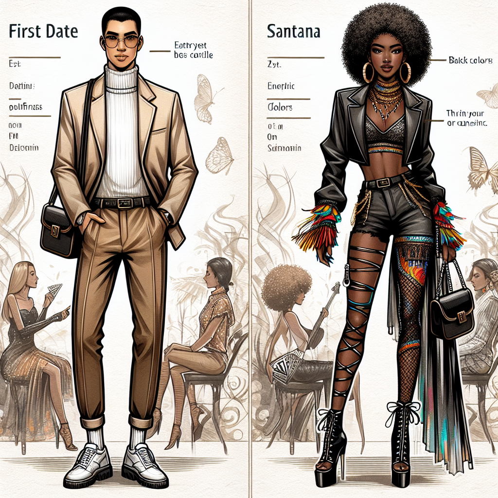 A detailed illustration showcasing two distinct fashionable outfits suitable for two unique occasions. For the first scene, depict a stylish individual confidently donning an elegant and trendy ensemble ideal for a first date. This person can be an East Asian male, dressed in a casual yet smart attire, accentuated with neutral colors and modern pieces. The second scene should portray a Black female, thrillingly dressed in an attire befitting a Santana concert. Her outfit can encompass vibrant colors and edgy accessories, exuding a festivity and musical vibe intrinsic to such concerts. Each scenario should spotlight the person as the central figure with an abstract, suggestively themed backdrop enhancing their appearances.