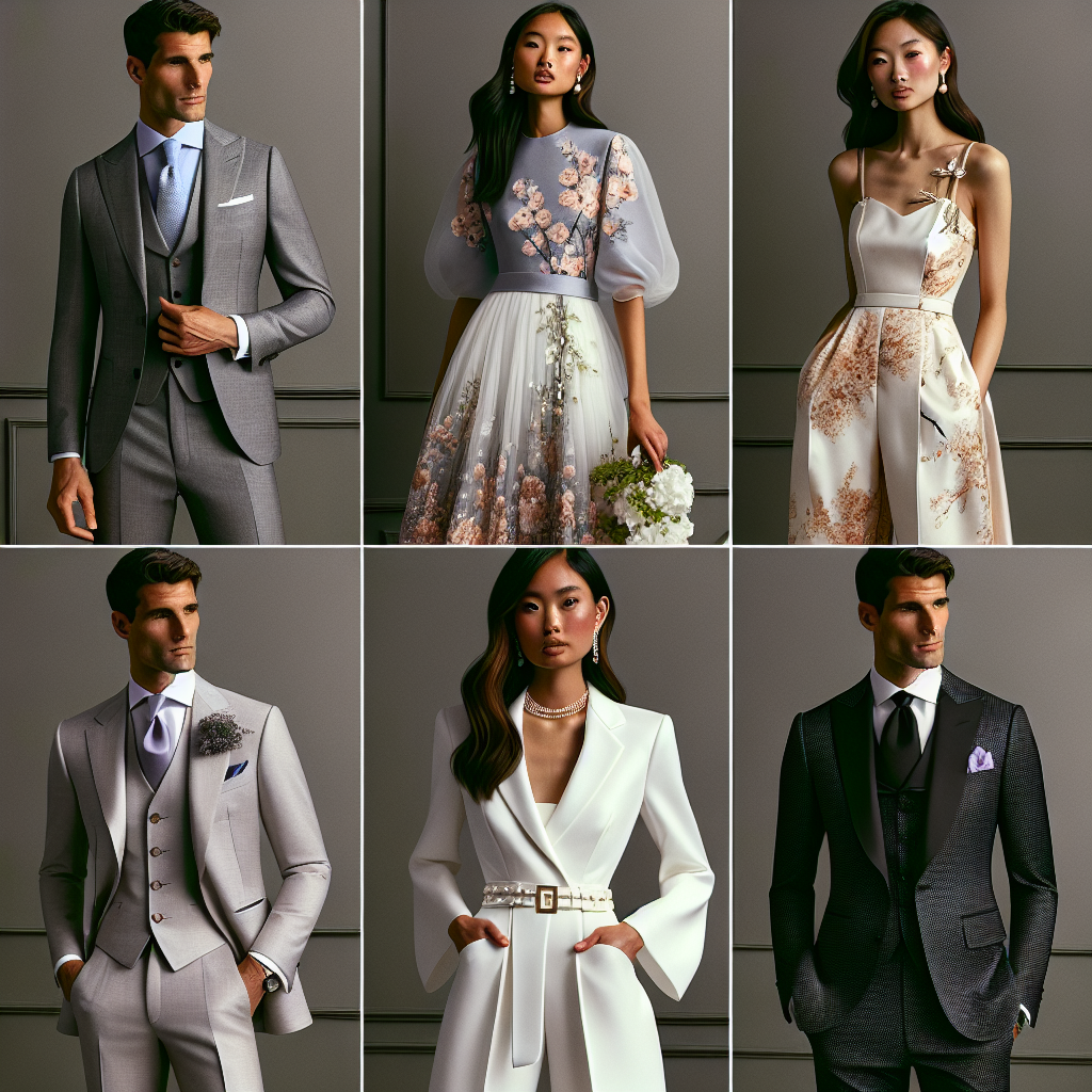 Stunning Outfits for Graduation Guests: Discover Now! A variety of stylish outfits suitable for guests attending a graduation ceremony. The first outfit is a sophisticated three-piece gray suit worn by a Caucasian man; he is styled with a light blue shirt and a matching tie. The second ensemble shows an Asian woman wearing an elegant floral midi dress with pearl accessories, perfectly suited for a summer ceremony. The third outfit features a Middle Eastern man in a classic black tuxedo accentuated with a lavender pocket square. Finally, depict a Black woman in a chic white pantsuit with gold accents, embodying modernity and elegance.