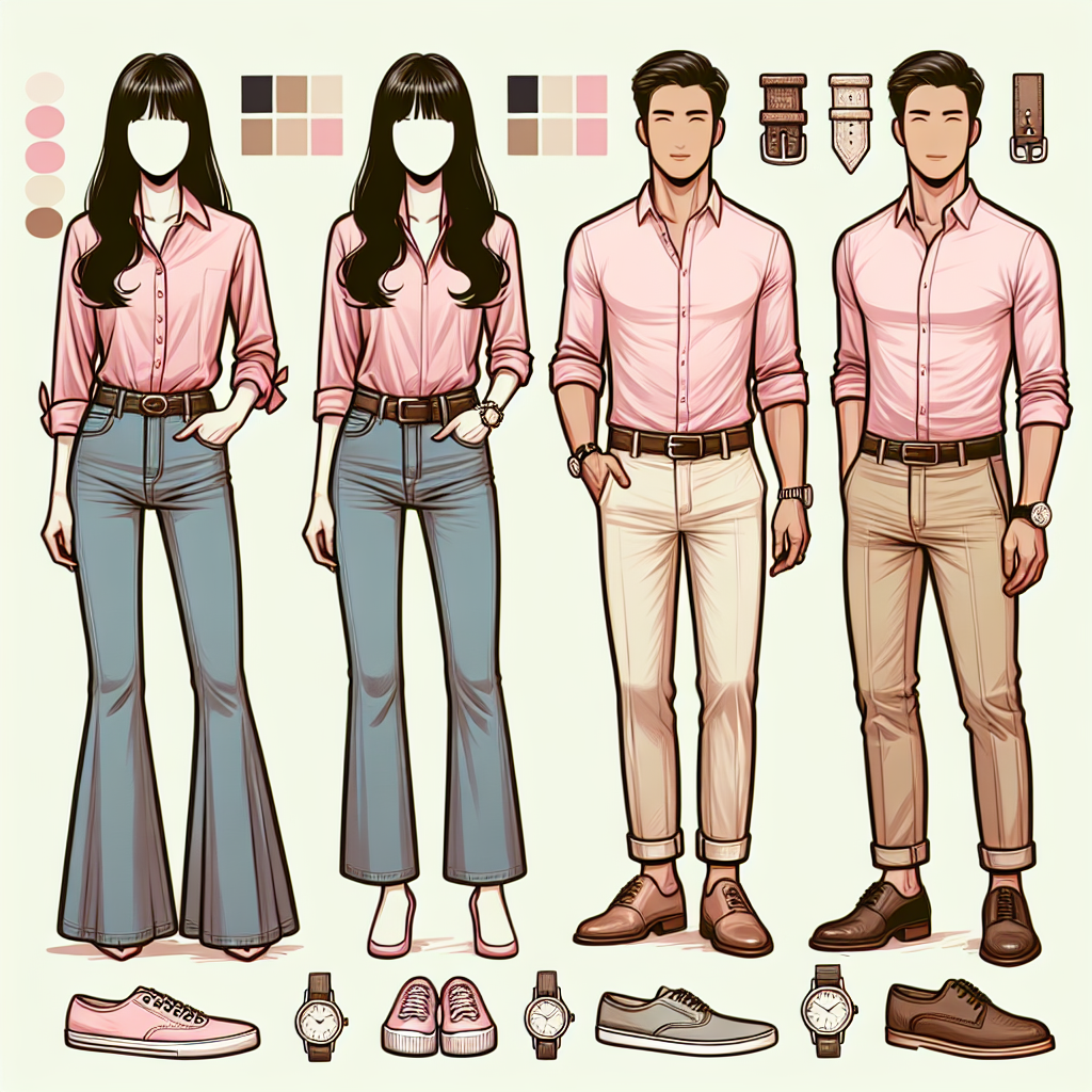 Create an image showcasing a diverse selection of fashionable ensembles. In the center, we have an East Asian woman wearing flared jeans and a pink shirt, a white man to her right sporting khaki chinos with a tucked in, baby pink button up, and Hispanic man to her left displaying a pair of dark wash jeans with a light pink polo shirt. Additionally, please include accessory suggestions such as belts, watches and shoes to complement each outfit.