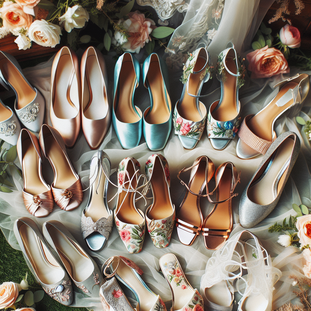 Stunning Shoes for March Weddings: Effortless Style Captivating imagery of a variety of elegant shoes perfect for a March wedding. The shoes should effortlessly represent a sophisticated style, reflecting the refreshing essence of Spring with floral motifs, soft pastel tones - baby blue, blush pink, and mint green, balanced with chic elements of silvers and golds. The collection of footwear should comprise different styles - sleek pumps, open-toe sandals, stilettos, and flats catering to different tastes. They should be placed on a beautiful backdrop, perhaps a lush meadow or a fancy wooden floor, enhancing their charm and appeal.