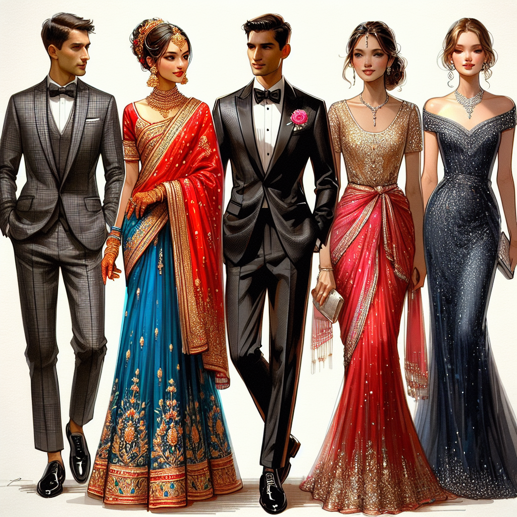 What to Wear to a Wedding: Stunning, Effortless Choices A variety of elegant clothing suited for a wedding event. To start, visualize a South Asian woman in a vibrant red sari detailed with opulent golden embroidery, paired with traditionally styled gold jewelry. Adjacent to her, a man of Caucasian descent is in a charcoal black suit with a crisp white shirt, a silver tie and shiny black Oxford shoes. In contrast, demonstrate a Middle-Eastern woman donned in a striking blue gown, embellished with sequins, standing next to a Hispanic man stylishly wearing a navy blue tuxedo with a pink boutonniere on the lapel. Each outfit should exude sophistication and simplicity.