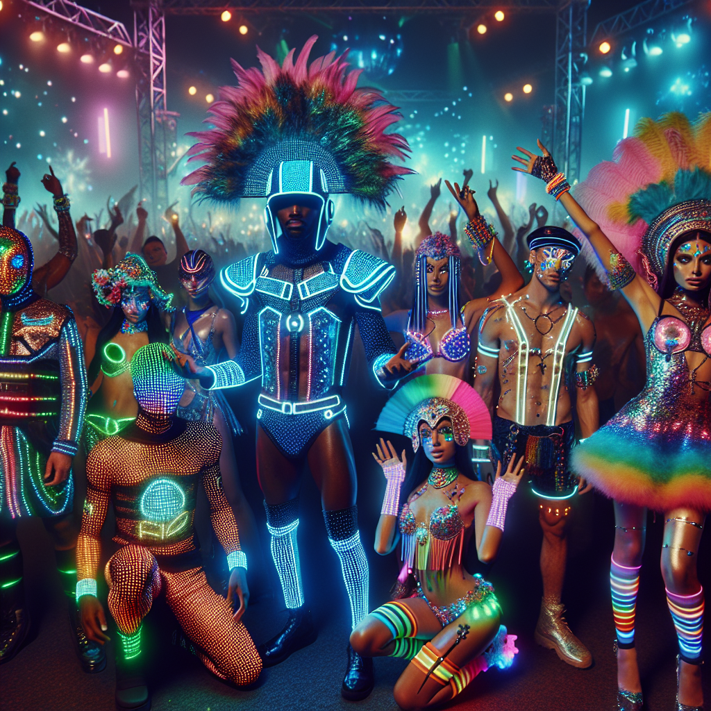 Stunning Rave Outfits: Find Your Perfect Party Look! Visualize a vibrant party scene filled with intermixing dancers, each clad in eye-catching rave outfits. Imagine a tall, Black man wearing a glowing LED helmet, holographic clothes, paired with LED gloves. Standing next to him, visualize a petite, Hispanic woman draped in a rainbow-colored, sequined dress, neon stockings, and a feathered headgear. Off-set in the scene, provide glimpses of a group of South Asian men and women, with glow in the dark face paint, chem-luminescent bracelets, and UV-reactive clothing. The atmosphere should be vivid and electric, embodying the ultimate rave culture.